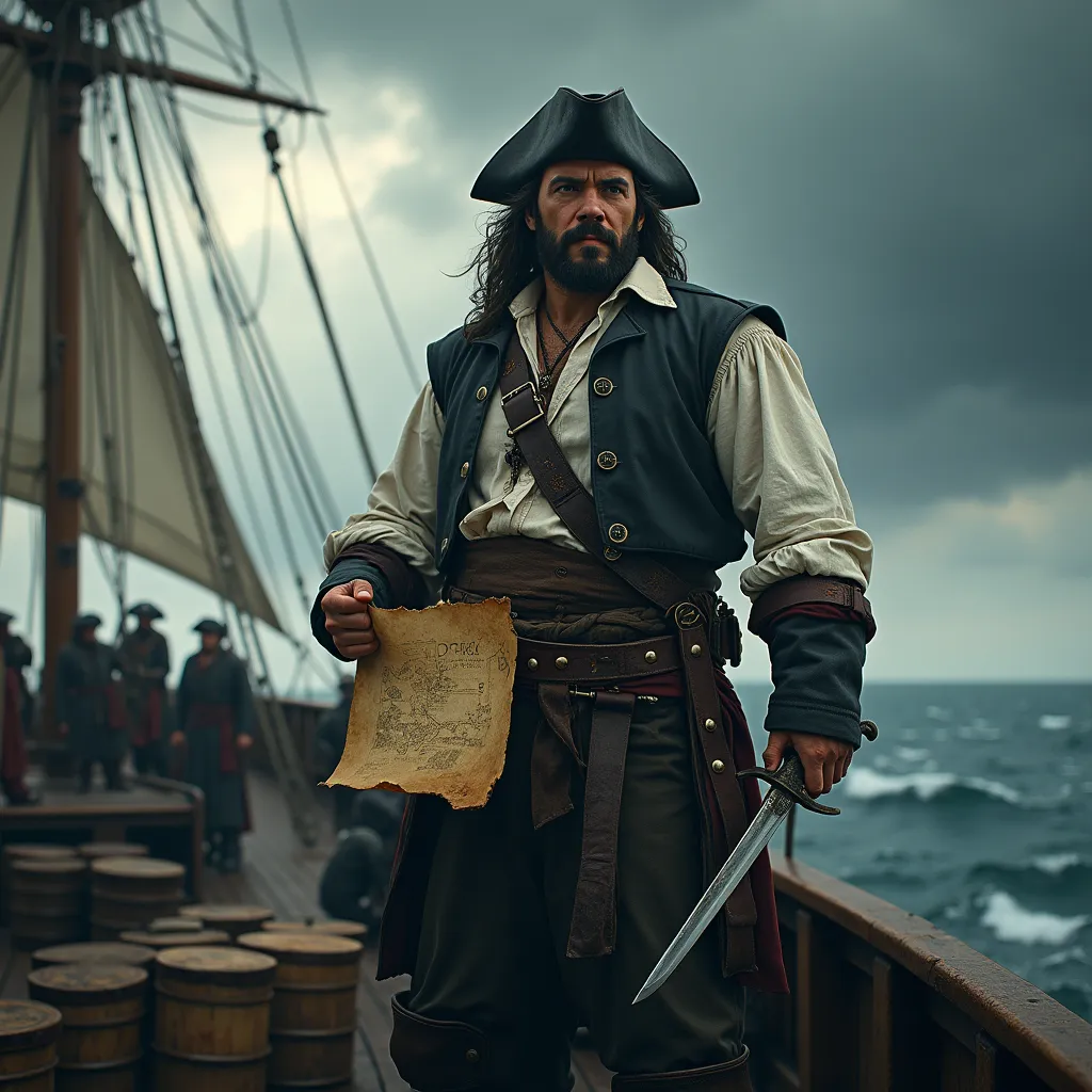 Standing resolute on the deck of his ship, amidst the uproar of the lashing seas, is a determined pirate quartermaster. His stance firm against the ship's swaying motion, his gaze unwavering, striking a commanding silhouette against the backdrop of the gloomy, storm-laden sky. In his broad, calloused hand, he tightly clutches a weathered and worn parchment - a treasure map, filled with cryptic symbols and old markings.

Artfully crafted, his outfit is the perfect blend of function and flair. He's dressed in an aged leather vest, its dark, rich hue telling tales of countless voyages and battles fought. It's worn atop a billowing white shirt, their stark contrast speaking of his persona as a formidable being. Strapped around his waist is a sturdy belt with couple of loaded antique flintlock pistols, ready to defend his crew and treasure at any moment's notice. His feet are enshrined in sturdy boots, hardened by countless miles traversed on both land and sea.

In his other hand, he firmly grips a gleaming sword, its blade reflecting the muted light beneath the stormy sky, subtly revealing the countless battles it has partaken in. His expression is a powerful blend of assertiveness and calculations, the furrowed eyebrows and set jawline echoing his unspoken leadership qualities. 

The background is a bustling scene of life on the ship. Barrels of supplies, suggesting a fresh load ready for mysterious journeys, are haphazardly stacked across the deck. A smattering of his trustworthy team, the obedient crew members, are seen in into the scene. They are lost in dedicated work, hauling ropes, adjusting sails, following the deft instructions of their quartermaster. It's an up-close shoulder to level image, the view only revealing the resilient spirit of the crew while leaving the remainder to the viewer's imagination.