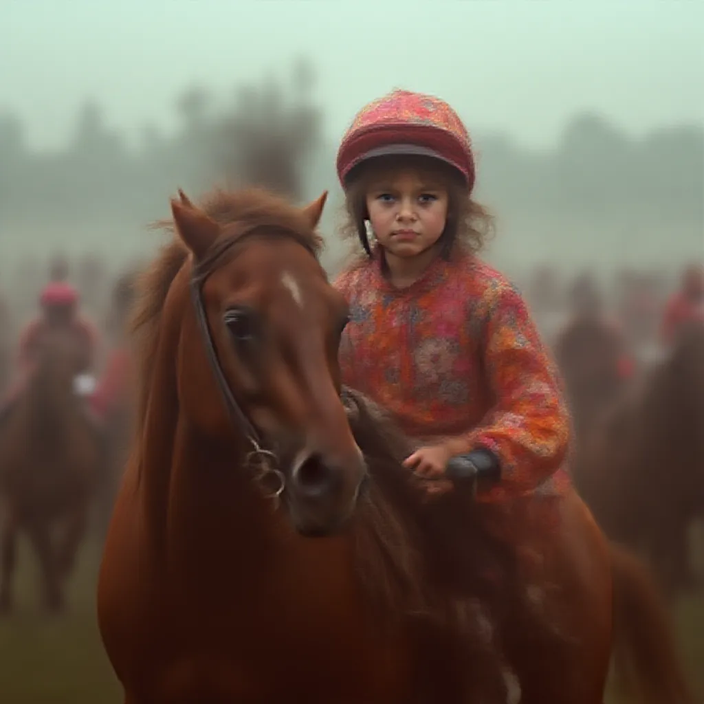 On a sunny afternoon, obscured by a mixture of anticipation and excitement, a young and vibrant girl readies herself for the fierce competition ahead - a thrilling horse race. Dressed in a vibrant jockey uniform that accentuates her determination and the burning spirit within her, she secures her petite frame onto the back of a muscular, chestnut stallion, her face lined with resolved concentration. Alongside her, seasoned, older competitors line up but the age-gap does nothing to dampen her spirit. She tightens her grip on the horse's reins, her heart pounding in sync with the stallion's thunderous heartbeat. This is not merely a horse race, this is her testament of resilience, courage, and youthfulness amidst an ensemble of experienced participants, an unconquerable spirit wrapped around a young girl.