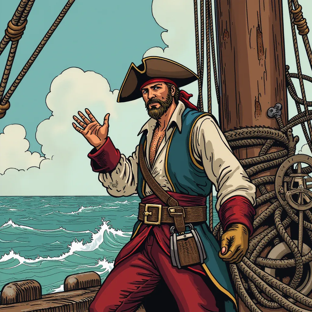 In the midst of a turbulent, open sea, a dedicated and tirely pirate boatswain commands the attention of his crew members as they engage in a urgent repair of the ship's towering mast. This strong, influential figure stands boldly, one hand firmly gripping a weathered rope, while his other hand moves swiftly, gesturing and directing the operations with unspoken authority. He is clad in a worn, sleeveless shirt battered by the salty sea mist and harsh weather conditions, its fabric sticking to his muscular frame. 

The thick, leather, tool belt around his waist holds an array of nautical equipment, betraying the hard labor that comes with his role. In preparation for the rough work, his hands are guarded by sturdy gloves, battered and worn from countless similar endeavors. His battle-hardened face, etched with faint, linear scars accumulated over years at sea, is an embodiment of unwavering determination and single-minded leadership. 

The background is a symphony of nautical elements, a tangle of numerous ropes and antique pulleys, silently bearing testament to many a sea-bound repair. Beyond this is the vast azure sea, its surface dotted with the white caps of raging waves beneath the azure sky. The envisaged image is waist-up, focusing on the central figure and giving vibrant life to his dedication, leadership, and the relentless pursuit of his mission. in the style of TOK a trtcrd tarot style