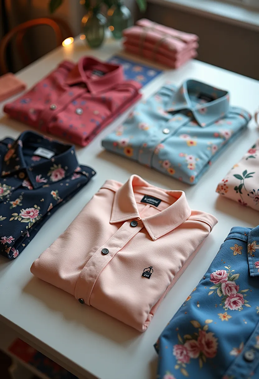 a stylish visual display of custom clothing collections, including matching couple outfits, anime-inspired prints, and artistic patterns. The scene features folded shirts, fabric samples, and a creative workspace with soft lighting and gradient tones, emphasizing personalization and style.