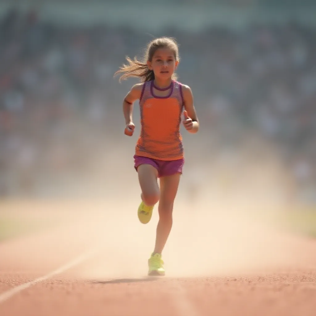 A young girl energetically running on a well-trodden athletic track, her ponytail swaying rhythmically with each stride she takes. The roar of the crowd around the arena fades into a subtle hum as she focuses on the finish line just meters away. Dressed in a vibrant running attire, and her feet clad in neon running shoes, she kicks up a flurry of dust as she pushes forward on the gravel track, her determined face reflecting the intense passion she holds for the sport.