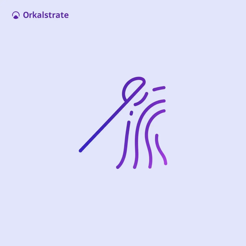A logo for a company called "Orkastrate" featuring a Conductor’s Baton + Flow Lines
Visual: A minimalist baton (like a music conductor uses) with fluid lines or waves extending outward—representing orchestration of tasks, teams, or features.

Style: Thin, elegant lines; abstract but expressive.

Color: Deep blue and silver or gradient purples for a high-tech feel. wablogo, logo, Minimalist