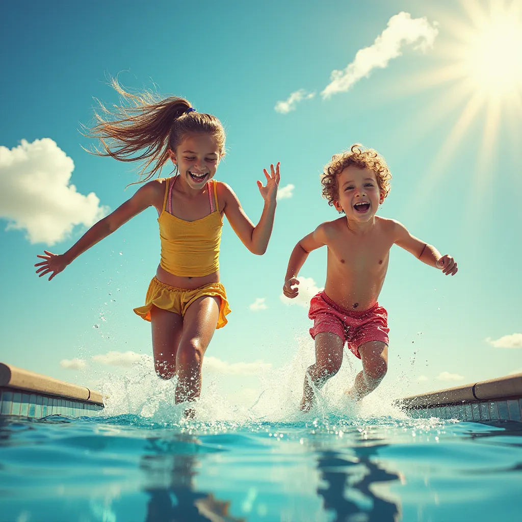 In the radiant brilliance of a sun-drenched day, a spirited young girl and an adventurous boy find themselves at the edge of a glistening swimming pool, laughter echoing around them. The pool's azure water glimmers as it calmly mirrors the clear sky above, reflecting the streaks of white clouds and the golden highlights of the sun. Footsteps interweave with the rhythmic chorus of splashing water, filling the air with delightful chaos and anticipation. Their enthusiastic faces are lit up with exhilarating excitement, their muscles tensed with the imminent triumph of release. Dressed in vibrant, water-appropriate attire, their bodies glisten with droplets of the previous dips they had in the pool. With the spirit of reckless youth fueling them, the pair are captured, mid-stride, sprints morphing into takeoffs as they prepare to dive headlong into the welcoming cool of the swimming pool. in the style of TOK a trtcrd tarot style