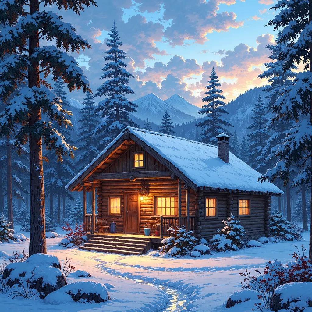 GHIBSKY style, cozy mountain cabin covered in snow, with smoke curling from the chimney and a warm, inviting light spilling through the windows