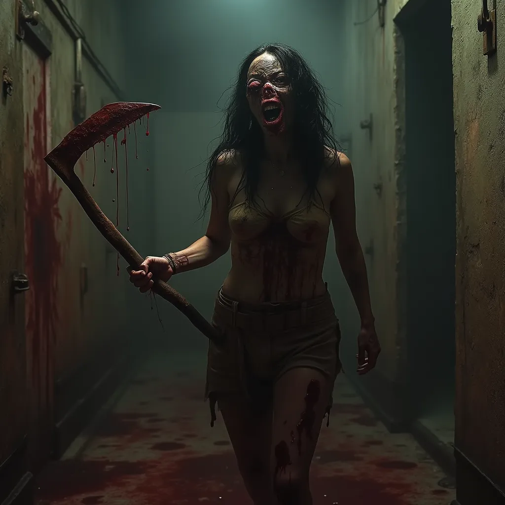 Trapped in a room where the walls pulse with a grotesque, bloody rhythm, you hear Diana’s voice whispering sweetly from the shadows, recounting how she killed before. She emerges from the dark, her body twisted and deformed, her eyes filled with a ravenous hunger as she brandishes a rusty machete, stained with the blood of your friends