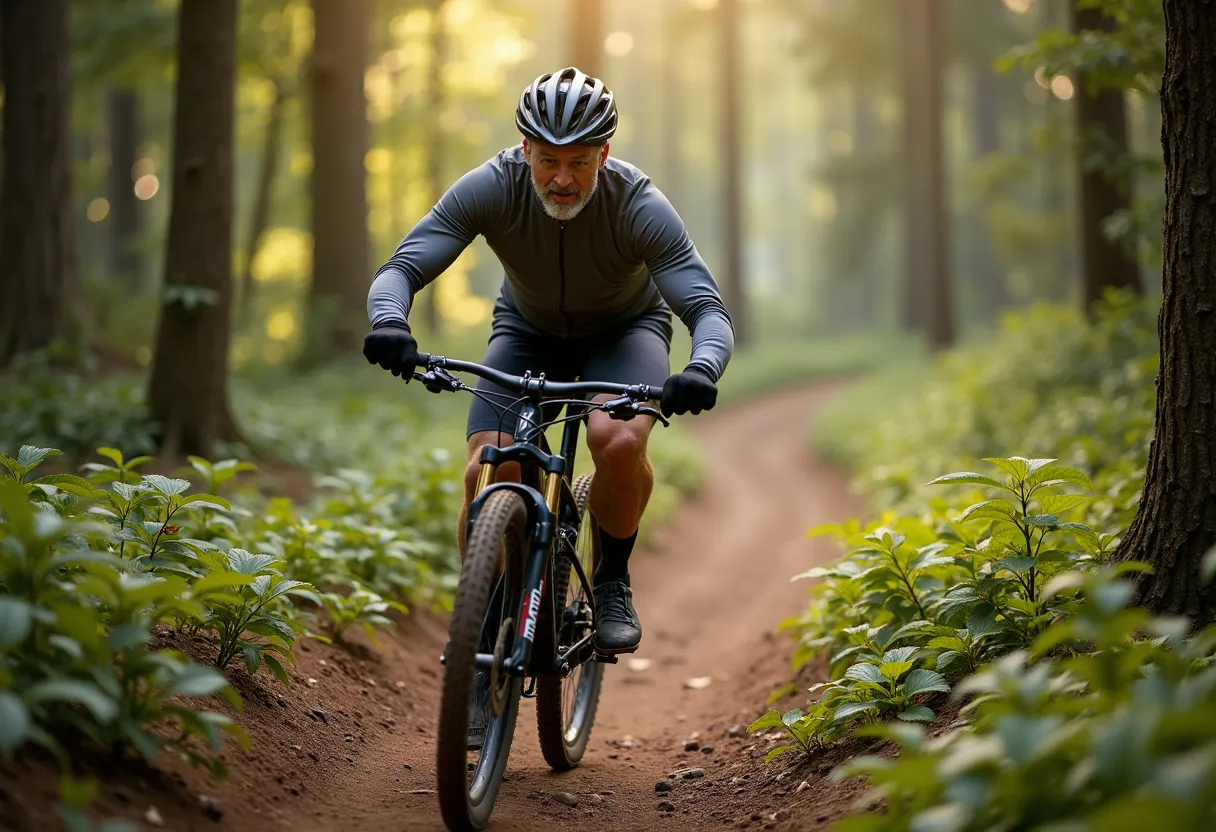 A middle-aged man, with salt and pepper hair, decked out in cycling gear, expertly maneuvering a sleek, high-performance mountain bike along a narrow, winding dirt trail in the heart of a densely forested area. The cool, crisp morning air filled his lungs as the sunlight filtered through the leafy canopy above, creating enchanting patterns on the path ahead, making each turn a delight. His determined expression revealed the inner strength pushing him forward as his muscles strained, powering through the challenging terrain. His adventurous spirit seems apparent in the way his eyes sparkled, savoring the thrill with each pedal of his journey.