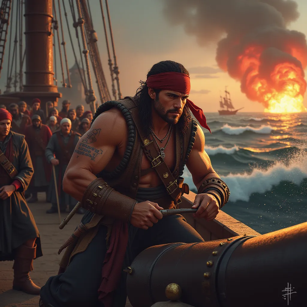 The scene is alive with action as a fierce pirate gunner exhibits their prowess on the bustling deck of a battle-worn ship. A plume of smoke rises as the gunner, a tattered headscarf tied around their head to keep sweat at bay, rapidly loads heavy cannonballs into the monstrous mouth of a cannon with hardened discipline. Their attire is a testament to their status - a weather-beaten, leather vest clings to their upper body, showcasing their muscular figure, while a bandolier, studded with gleaming bullets, adorns their chest, ready for the fight ahead.

The gunner's face is a canvas of intense focus and grim resolve. Beads of sweat trail down their forehead, cutting clean paths through layers of soot and grime. Their eyes, burning with determination, are set firmly on the distant horizon, anxious for the next signal of firing.

The ambience of a raging battlefield consumes the surroundings. More cannons, lined up in strategic arrangements, crowd the deck, their barrels gleaming ominously under the sporadic flash of nearby gunshots. Their boisterous roar punctuating the continuous cacophony of soldiers shouting, iron striking iron, and splitting timber. In the distance, a terrifyingly beautiful sight meets the eyes as numerous explosions light up the twilight, illuminating the incessant waves, turning the sky into an eerie palette of oranges, reds, and blacks - a violent dance of colors deep into the heart of the tempestuous sea battle. in the style of TOK a trtcrd tarot style