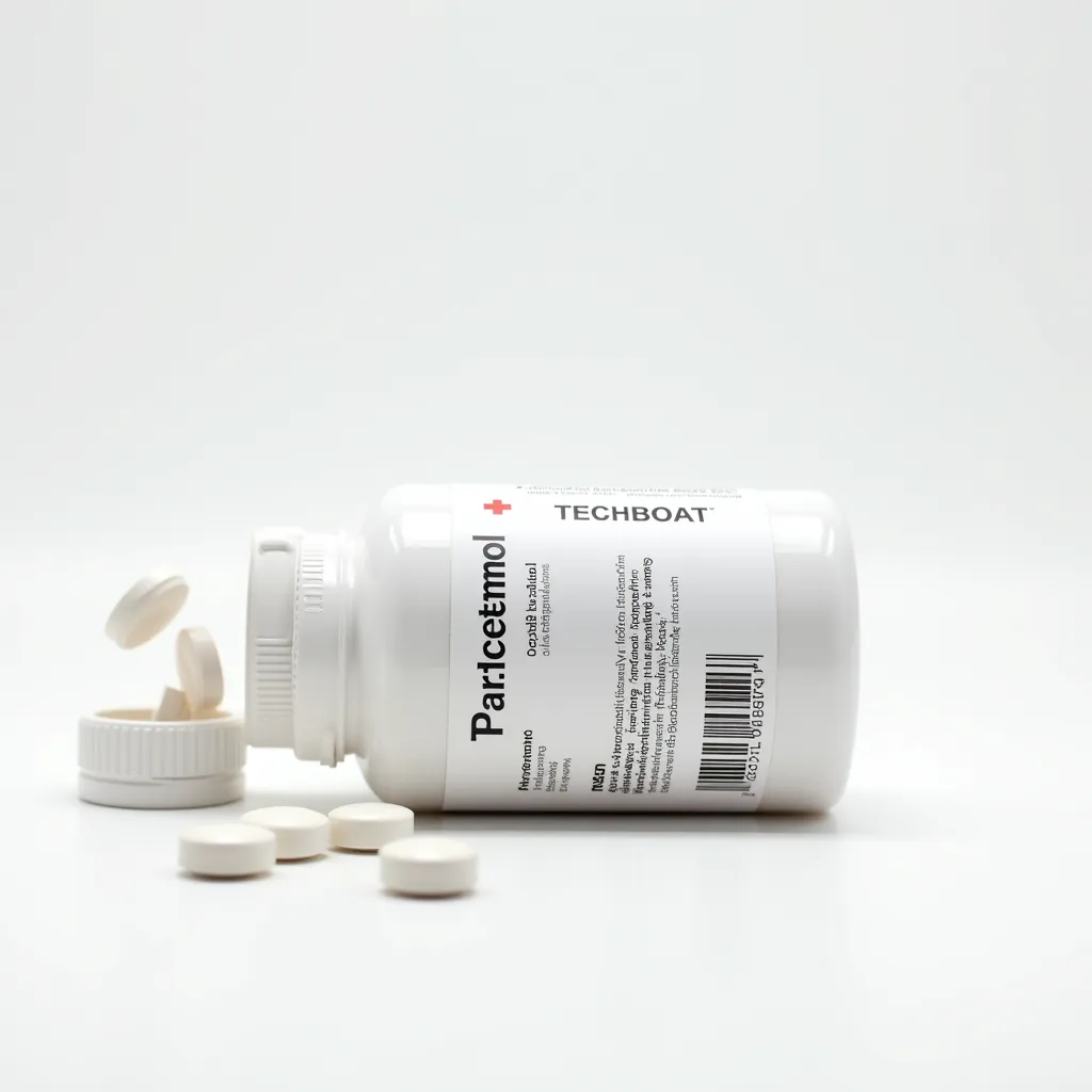A sleek medical supplement bottle for paracetamol on a white background, featuring the text logo 'TECHBOAT' at the top in a clean font. The bottle lies on its side with the label clearly visible, displaying detailed information: 'Paracetamol 550mg,' 'Pain Reliever and Fever Reducer,' dosage instructions, warnings, storage information, and a barcode. A few pills are spilled out of the open cap, adding a dynamic touch to the composition. The design is minimalistic with a white and subtle accent color scheme, and soft lighting highlights the scene for a professional look.