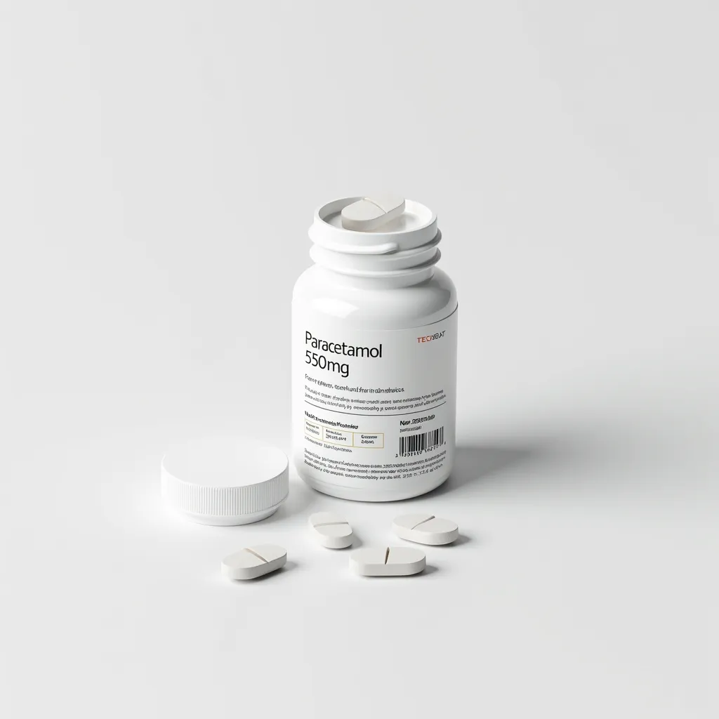 A sleek medical supplement bottle for paracetamol on a white background, featuring the text logo 'TECHBOAT' at the top in a clean font. The bottle stands tilted at an angle, with the cap partially unscrewed and a few pills scattered nearby. The label remains clearly visible, showcasing detailed information: 'Paracetamol 550mg,' 'Pain Reliever and Fever Reducer,' dosage instructions, warnings, storage information, and a barcode. The minimalistic design uses a white and subtle accent color scheme, with soft lighting emphasizing the premium and professional look.