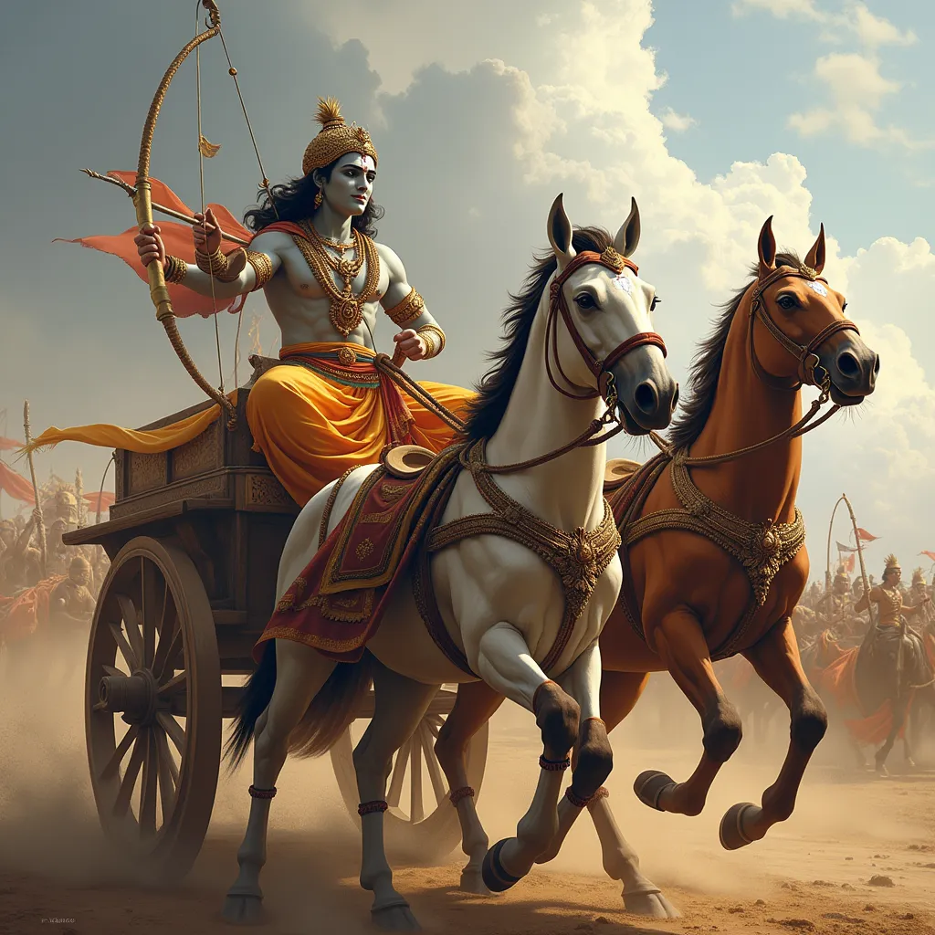 A descriptive image of Shree Krishna and Arjuna during the epic Mahabharata war. The image presents a vivid scene where Shree Krishna is in charge of steering the chariot, or 'rath', with utmost agility and mastery. Seated at the front of the 'rath', He exhibits a calm and fearless demeanor. Meanwhile, Arjuna, the archer prince, stands tall at the back of the chariot. He is captured in the midst of a ferocious fight against his adversaries, the Kauravas. The intensity of battle and the stalwart camaraderie between Shree Krishna and Arjuna are the main highlights of the image, echoing the iconic Bhagavad Gita scene. Arjuna, filled with determined valor, is completely engrossed in the war, showcasing his exceptional archery skills, while Krishna balances the momentum guiding the chariot through the war chaos.