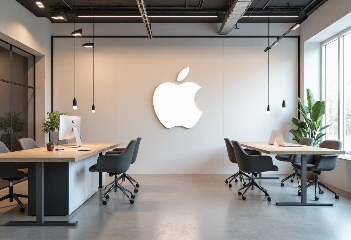 Design a professional and modern office space that prominently features the iconic and minimalistic Apple logo. The office should serve as a functional workspace exuding a sleek and contemporary style that aligns with Apple's brand aesthetic. The interior design should feature an efficient layout with ergonomic furniture, minimalist color schemes, abundant natural light, and ample storage facilities, ensuring a harmonious balance between aesthetics and functionality.

The Apple logo, a symbol of innovation and technology, should be cleverly incorporated into the design - whether as wall art, on glass partitions, or other creative placements. It should be visually subtle yet noticeable, creating a powerful brand statement while adding character to the space. Additionally, incorporate touches of Apple's corporate culture into the design to foster a work-friendly environment that encourages collaboration and creativity among employees. in the style of TOK a trtcrd tarot style