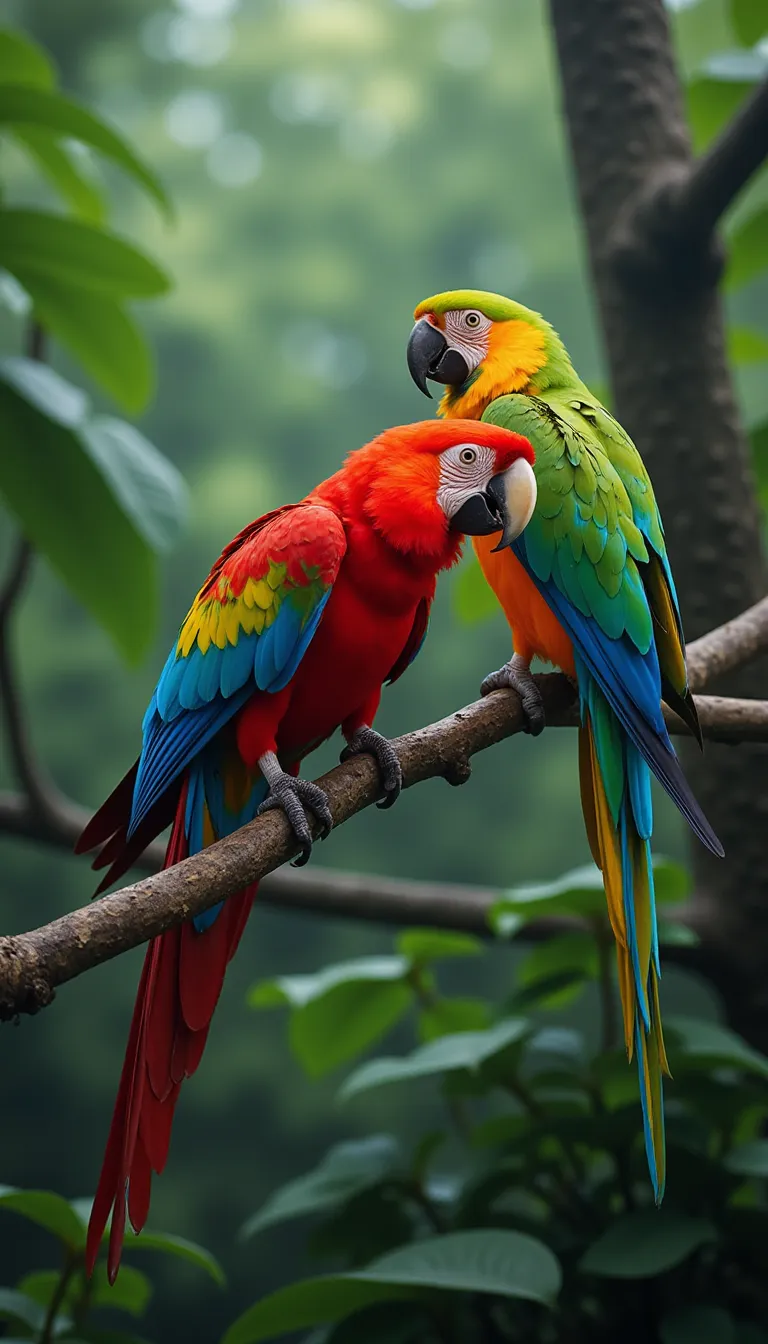 Rainy Rainforest with colorful parrots