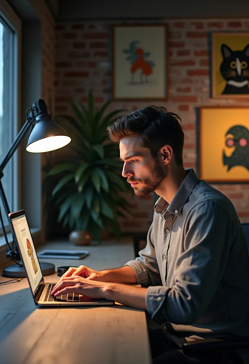 create clothing design studio digital studio in laptop who's running a young man and digital studio screen should be visible