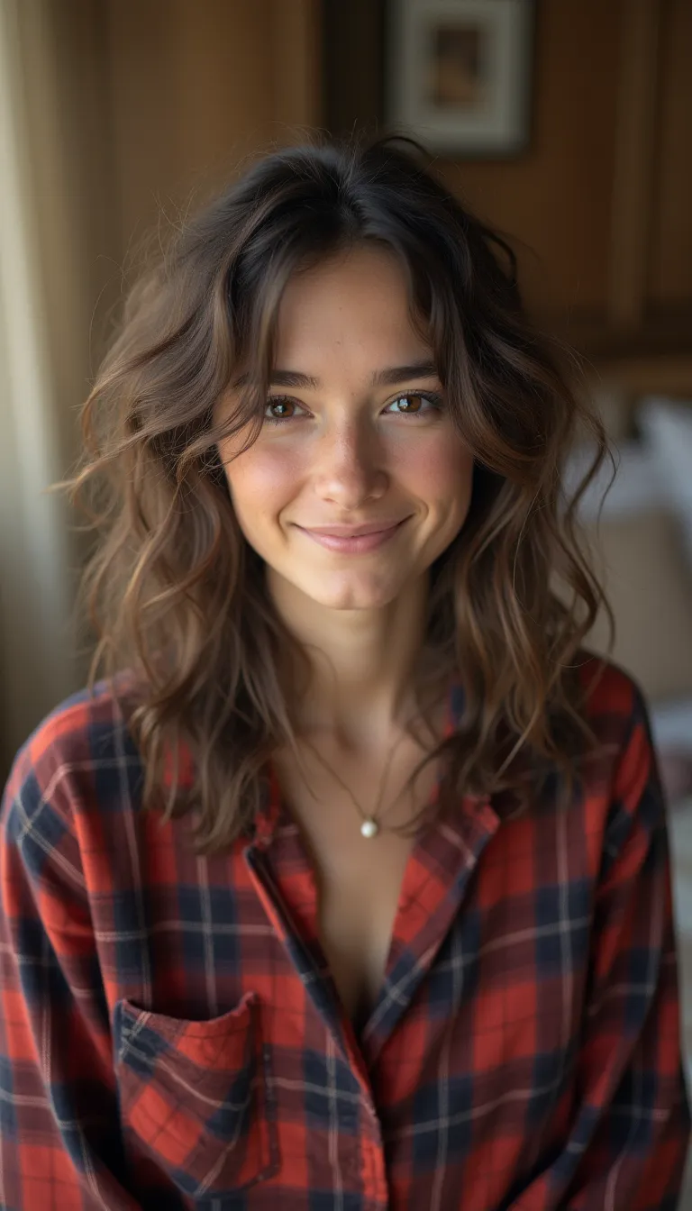 A young woman with tousled hair and minimal makeup, wearing a oversized flannel shirt, looking directly at the camera with a slight smile. The background is slightly out of focus, suggesting a cozy bedroom, kodachrome, flmft style