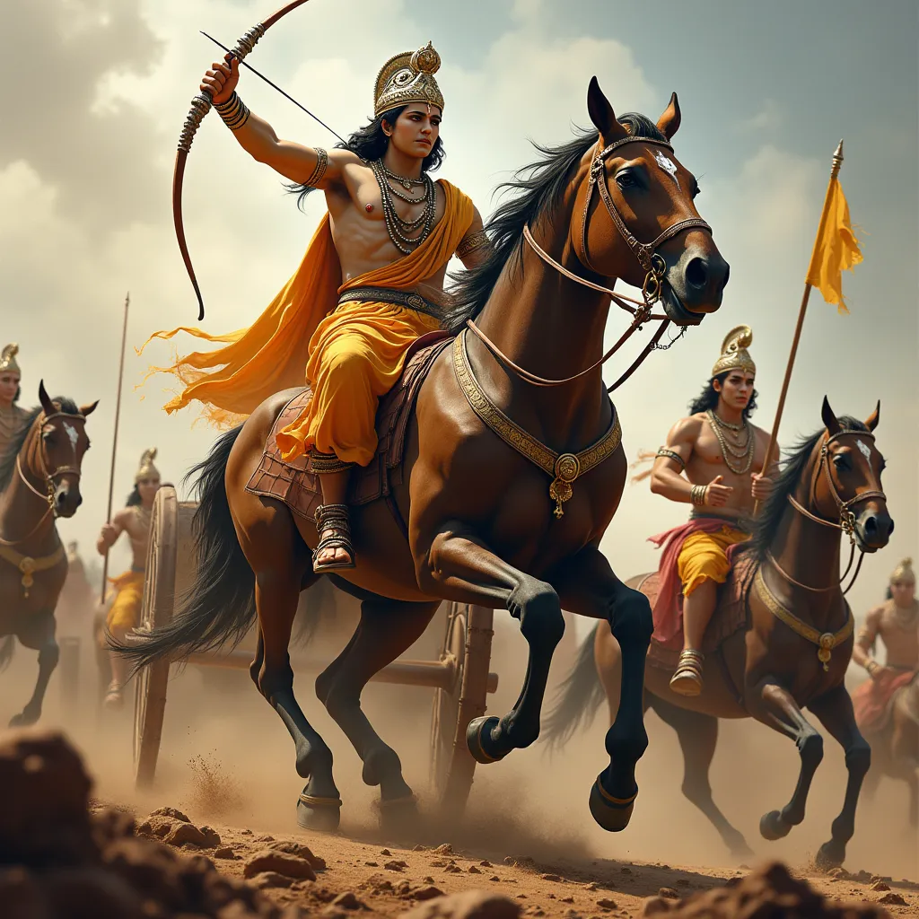 A descriptive image of Shree Krishna and Arjuna during the epic Mahabharata war. The image presents a vivid scene where Shree Krishna is in charge of steering the chariot, or 'rath', with utmost agility and mastery. Seated at the front of the 'rath', He exhibits a calm and fearless demeanor. Meanwhile, Arjuna, the archer prince, stands tall at the back of the chariot. He is captured in the midst of a ferocious fight against his adversaries, the Kauravas. The intensity of battle and the stalwart camaraderie between Shree Krishna and Arjuna are the main highlights of the image, echoing the iconic Bhagavad Gita scene. Arjuna, filled with determined valor, is completely engrossed in the war, showcasing his exceptional archery skills, while Krishna balances the momentum guiding the chariot through the war chaos.