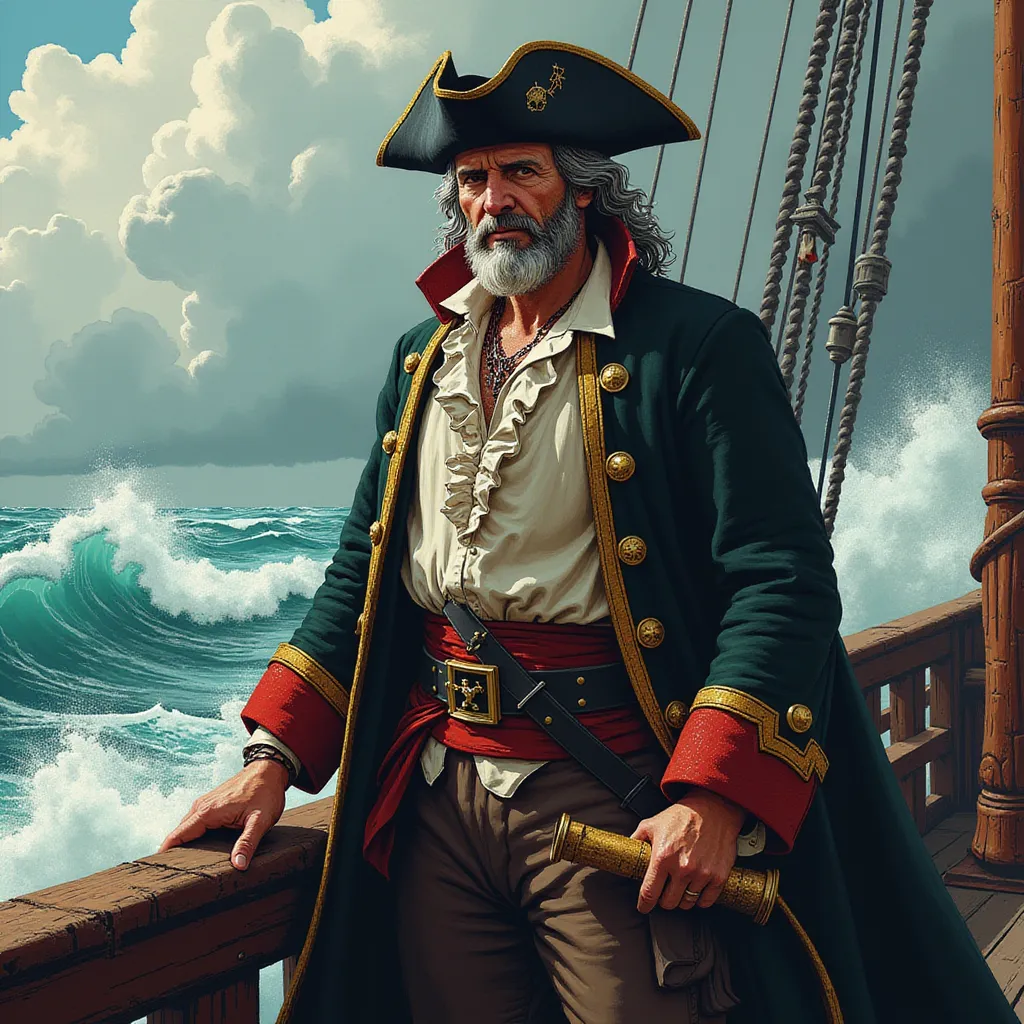 Imagine a scene with an exceptionally confident pirate captain, standing tall on the well-worn and weathered deck of an old, timber vessel. We're viewing him from the waist up, capturing his imposing stature and unyielding stance that stands as a testament to his years upon the topsy-turvy sea. Clad in ruffled white shirt, tight-fitting breeches, and a traditional tricorn hat, a symbol of command, sitting skew upon his head, the captain embodies an intimidating yet charismatic presence.

One hand is gripping a well-crafted spyglass, an instrument of navigation and foresight, the surface reflecting the stray sunlight. Weather-beaten, his face bears years of seafaring, underlined by a rugged beard, a mingling of salt and pepper giving him an air of wisdom. A long, dark, and majestic overcoat drapes over him, the intricate details of its gold trim and intricately embroidered buttons vividly apparent, fluttering ever so slightly under the weight of the salty sea breeze rustling through it.

In contrast, the background paints a picture of tempestuous weather. The azure of the mighty ocean waves, interspersed with foamy whitecaps, enhance the raw atmosphere of a brewing storm on the horizon, hinting at the potential perils and adventures that lie ahead. Dramatic lighting arranged with calculated precision catches the captain's steeled gaze, emphasizing his unflinching resolve and determination, embodying undeniable courage.

All these elements coalesce to form a distinct flux style artwork, creating a masterpiece that captures the spirit of the time and truly encapsulates the essence of this charismatic pirate captain. in the style of TOK a trtcrd tarot style