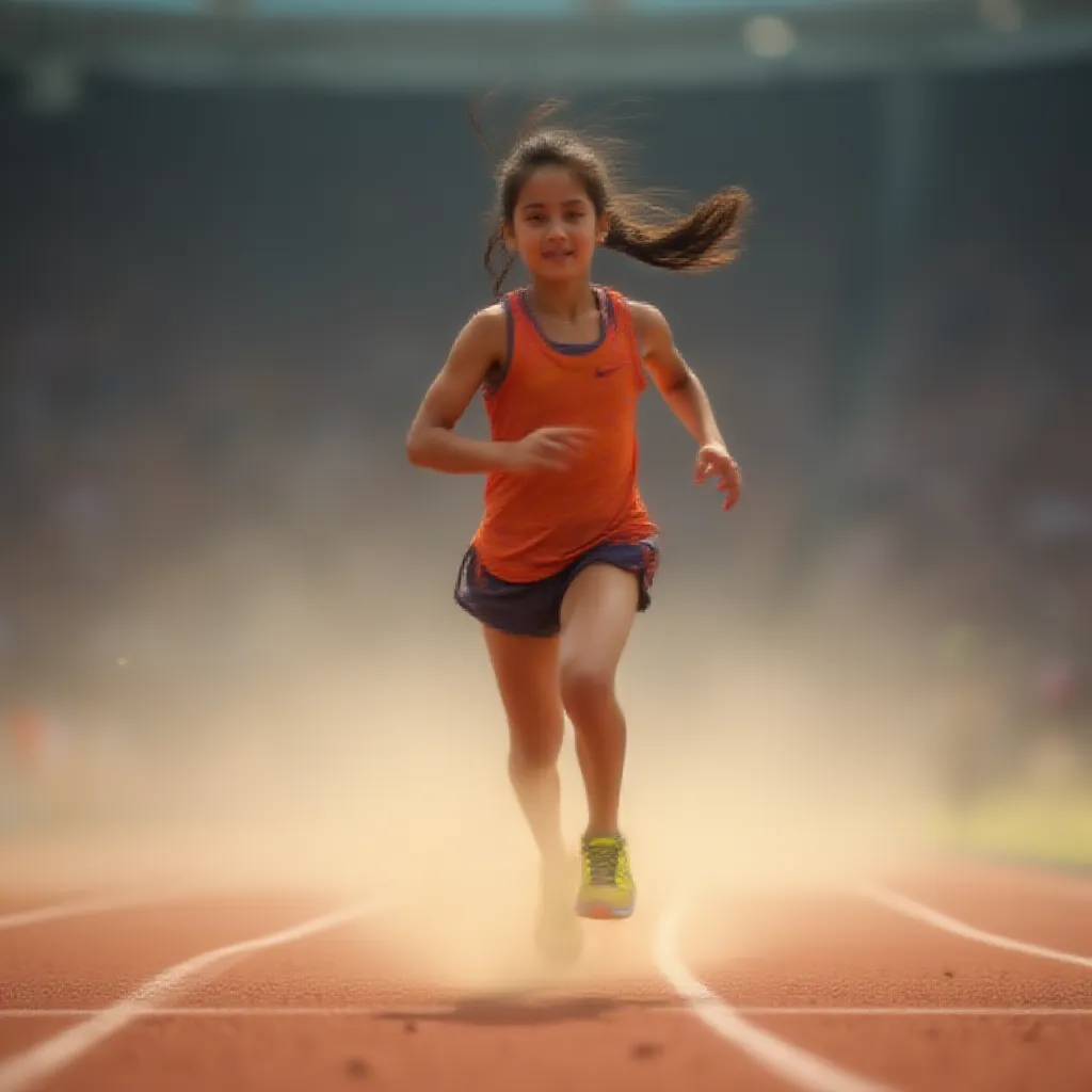 A young girl energetically running on a well-trodden athletic track, her ponytail swaying rhythmically with each stride she takes. The roar of the crowd around the arena fades into a subtle hum as she focuses on the finish line just meters away. Dressed in a vibrant running attire, and her feet clad in neon running shoes, she kicks up a flurry of dust as she pushes forward on the gravel track, her determined face reflecting the intense passion she holds for the sport.