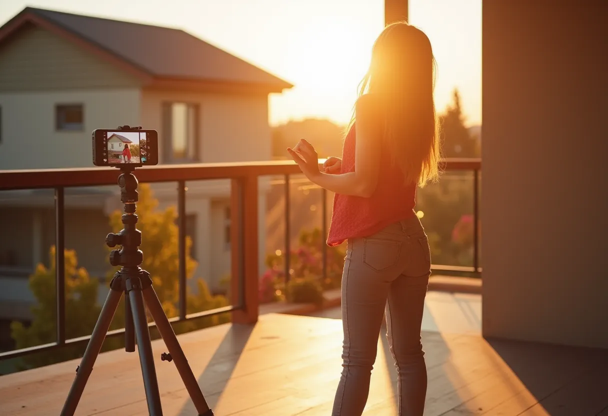 A young, vibrant girl is on a mission to create an engaging Instagram reel on the sunlit terrace of her suburban home. She is enthusiastically planning to capture compelling content that accurately presents her creativity and spontaneity to her followers on the popular social media platform. With the sun casting natural, warm rays over the backdrop, she sets her phone on a tripod, ready to record her choreographed dance routine that she impeccably crafted to sync with the trending beats. Her lively spirit is buzzing with excitement as she endeavors to produce a captivating Instagram reel that entertains and resonates with her digital audience. in the style of TOK a trtcrd tarot style