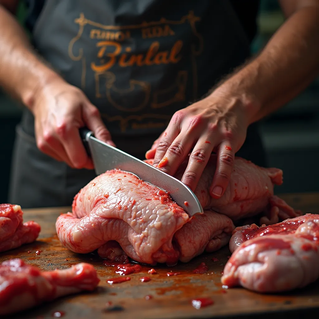 A graphic image is depicting a butcher skillfully slicing into a chicken. The picture is as close to reality as possible, leaving nothing to the imagination. The butcher appears well-versed, his hands holding the chicken securely whilst skillfully maneuvering the sharp cutter. As he slices through the chicken's flesh, you can see droplets of blood dotting the edge of the cutter, hinting at the freshness of the poultry. Alongside this, traces of blood are smeared over the butcher's hardened hands, providing evidence of his work. You can almost hear the bustling noise of the marketplace and feel the intensity of his work. He is completely engrossed in his job, paying no mind to the bloody spectacle he's involved in. His sole focus is on precisely cutting the chicken to yield the choicest cuts for his customers

make it more realistic 

and yeah i would like to add chicken plus pig plus goat