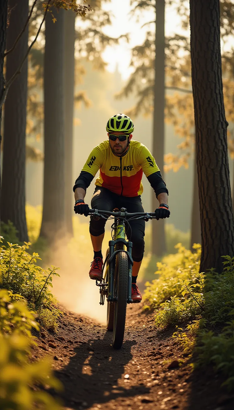 A middle-aged man dressed in a bright cycling suit is riding a mountain bike through a densely wooded trail. The striking sunlight filtering through the towering trees casting long, streaky shadows over him. He is wearing protective gear - a sturdy helmet, knee and elbow pads, and a pair of gloves. Through the winding path, he maneuvers skillfully, his intense focus mirrored in his determined eyes. The fantastically cool wind blusters against his face, making his cycling experience adventurous and exhilarating. His muscular legs pedal rhythmically, each revolution synonymous with the racing pace of his heart. in the style of TOK a trtcrd tarot style