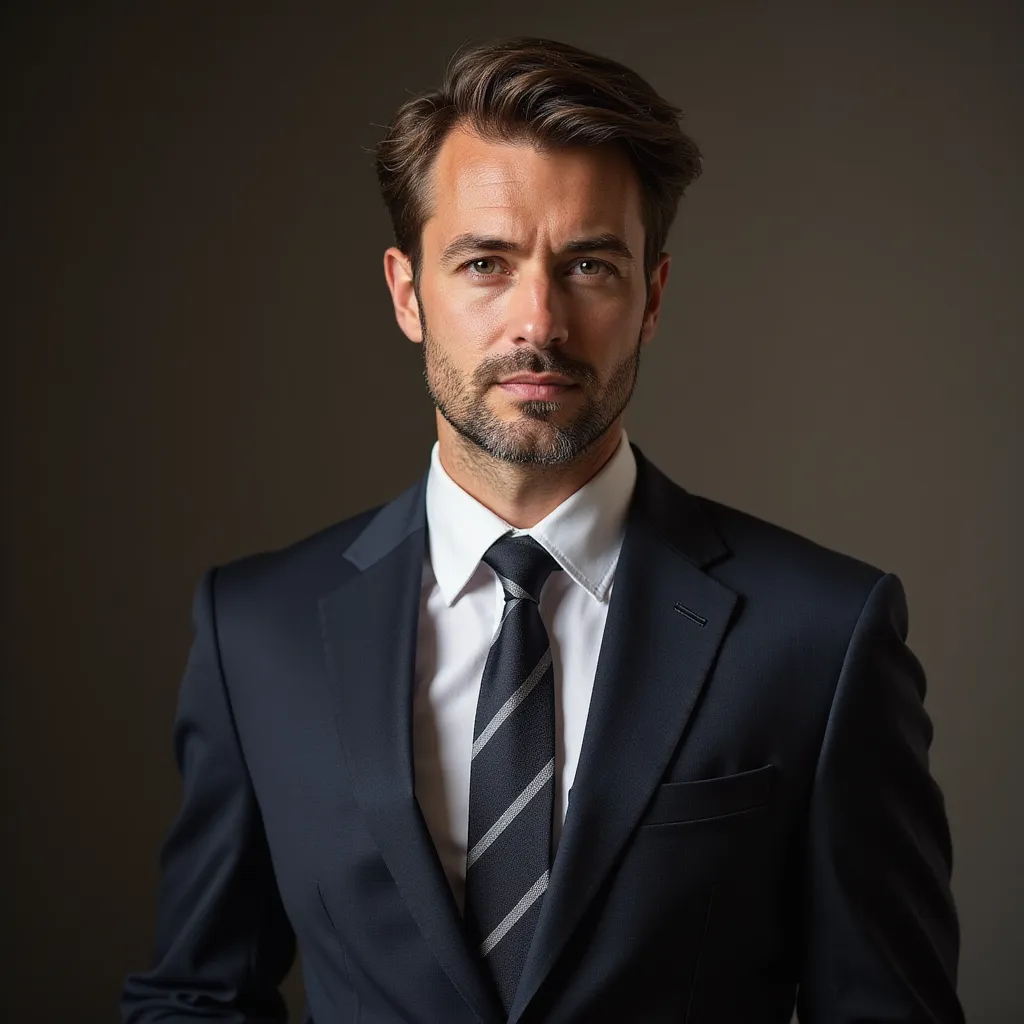 Using the provided image of a face, please generate an image of a professional businessman. Consider enhancing the overall suave by adding a suit and tie. Effectively integrate these elements whilst maintaining the realistic look of the image. The desired output should visually communicate the distinct persona of a corporate business individual, projecting seriousness, elegance, and sophistication which are usually associated with an experienced corporate professional. Please ensure the authenticity and quality of the image enhancement is top-notch to capture the essence of a professional businessman. in the style of TOK a trtcrd tarot style