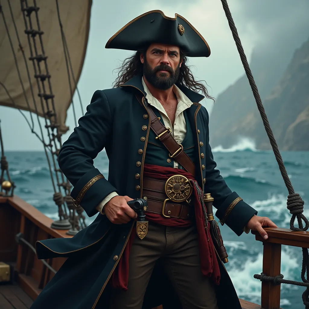 A confident pirate captain standing on the deck of an old wooden ship, wearing a traditional tricorn hat and holding a spyglass in one hand. The captain has a stern yet charismatic expression, with a rugged beard and a long coat fluttering in the sea breeze. Background shows ocean waves and a hint of a storm on the horizon. Flux style
