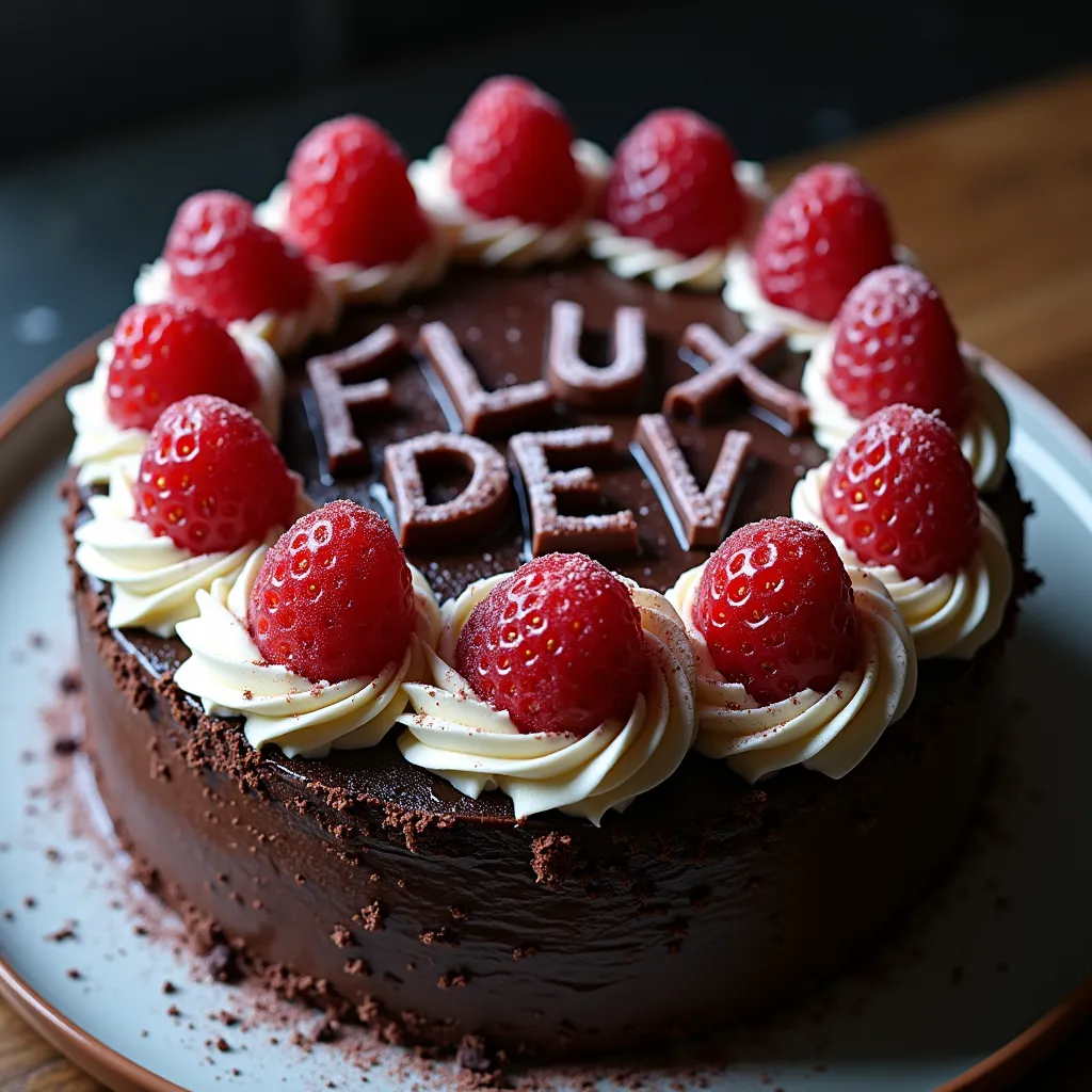 black forest gateau cake spelling out the words \"FLUX DEV\", tasty, food photography, dynamic shot