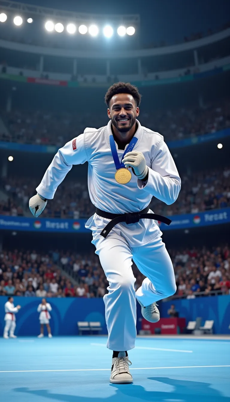 In the alluring and anticipated year of 2024, stand the gloriously renowned Paris Olympics - a spectacle of vigorous competition and high-spirited energy. Amidst the plethora of athletes, a man, robust and nimble, earned global reverence as he participated passionately in the high-stakes, adrenaline-fueled game of Taekwondo. The vast, stunning stadium reverberated with a rhythmic symphony of effervescent cheering, forming a palpable sonic aura that echoed beneath the expansive Parisian vault of blue.

The Taekwondo competition presented itself as an enchanting ballet of ferocity and precision. Each athlete, a living embodiment of this timeless martial art, displayed technique and prowess that was nothing short of a visually mesmerizing feat. Yet, amongst the multitude, one man stood out. A formidable competitor, his speed, litheness, and unwavering concentration casting a captivating spell as his perfectly timed kicks sliced through the air, faster than the speed of light and as deadly as the strongest thunderbolt.

Under the watchful eyes of the zealous spectators and discerning jury of experts, he showcased exceptional resolve, battling his way through an escalating series of challenging rounds. He stood his ground fearlessly against the onslaught of world-class Taekwondo contestants, using his deft, skilful manoeuvres to outperform them all.

The pinnacle of his journey came during the nerve-wracking final match, a contest that held millions spellbound. The suspense-filled face-off concluded with his triumphant victory, leaving the audience exhilarated, their thrilled gasps merging with synchronised clapping. The man emerged victorious, earning the distinguished gold medal around his proud neck - a symbol of his overwhelming superiority within the sport but also a testament to his undying commitment and steadfast dedication.

The aftermath was a scene etched with jubilation; he wore his medal with an irresistible smile that radiated joy and basked in unmistakable pride. His happiness seemed to soak the stadium, bathing spectators in its infectious warmth. A roar of euphoria exploded from the grandstands, the spectators applauding in tribute to his colossal victory. This unforgettable watershed moment, indelibly marked in the annals of the Paris Olympics 2024, is forever celebrated through the shared memory of an electrifying victory and enduring spirit of athleticism.