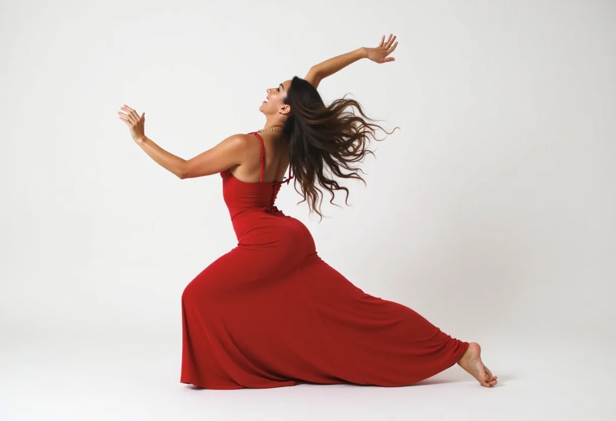 Alter this image by incorporating a vibrant background that accurately depicts a lively performance stage or platform. Not just that, imagine a crowd in attendance complete with their diverse expressions of joy and enthusiasm. You should detail them, with their hands mid-air as they clap and cheer passionately for the central figure, a woman engaged in an enchanting dance performance. Keep the focus on the lady while ensuring that the audience’s vigor enhances her appeal and the overall aesthetic of the composition.
