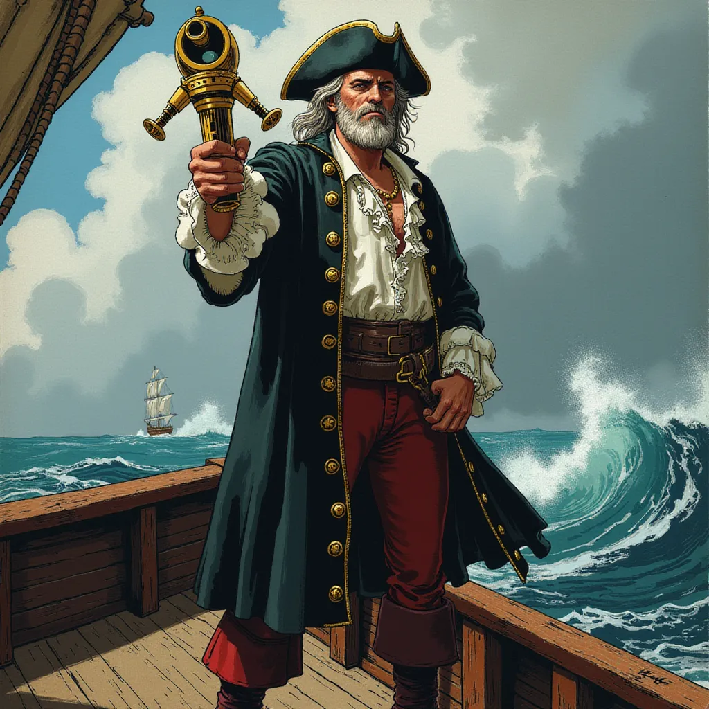 Imagine a scene with an exceptionally confident pirate captain, standing tall on the well-worn and weathered deck of an old, timber vessel. We're viewing him from the waist up, capturing his imposing stature and unyielding stance that stands as a testament to his years upon the topsy-turvy sea. Clad in ruffled white shirt, tight-fitting breeches, and a traditional tricorn hat, a symbol of command, sitting skew upon his head, the captain embodies an intimidating yet charismatic presence.

One hand is gripping a well-crafted spyglass, an instrument of navigation and foresight, the surface reflecting the stray sunlight. Weather-beaten, his face bears years of seafaring, underlined by a rugged beard, a mingling of salt and pepper giving him an air of wisdom. A long, dark, and majestic overcoat drapes over him, the intricate details of its gold trim and intricately embroidered buttons vividly apparent, fluttering ever so slightly under the weight of the salty sea breeze rustling through it.

In contrast, the background paints a picture of tempestuous weather. The azure of the mighty ocean waves, interspersed with foamy whitecaps, enhance the raw atmosphere of a brewing storm on the horizon, hinting at the potential perils and adventures that lie ahead. Dramatic lighting arranged with calculated precision catches the captain's steeled gaze, emphasizing his unflinching resolve and determination, embodying undeniable courage.

All these elements coalesce to form a distinct flux style artwork, creating a masterpiece that captures the spirit of the time and truly encapsulates the essence of this charismatic pirate captain. in the style of TOK a trtcrd tarot style