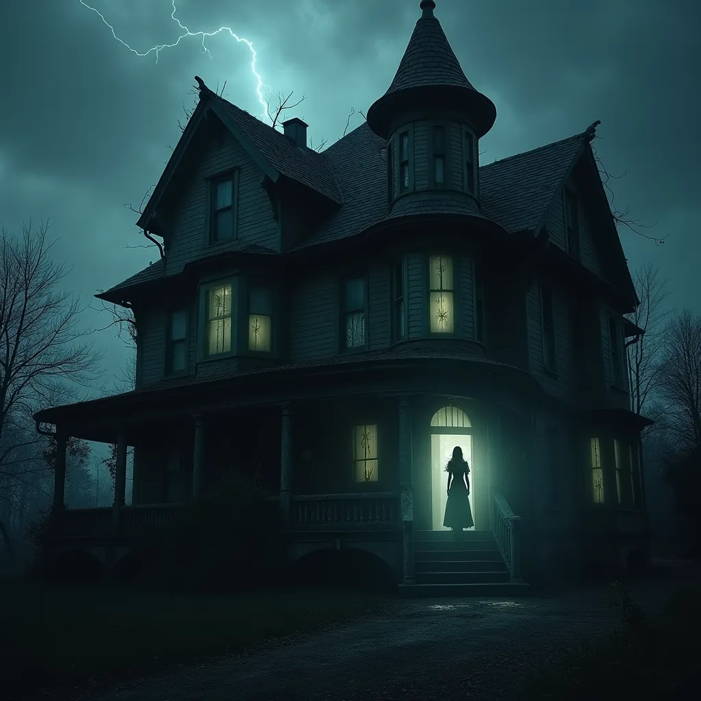 A haunted Victorian mansion on a stormy night, with broken windows and overgrown vines. Lightning illuminates the silhouette of a ghostly woman standing on the balcony, her hollow eyes staring out into the darkness