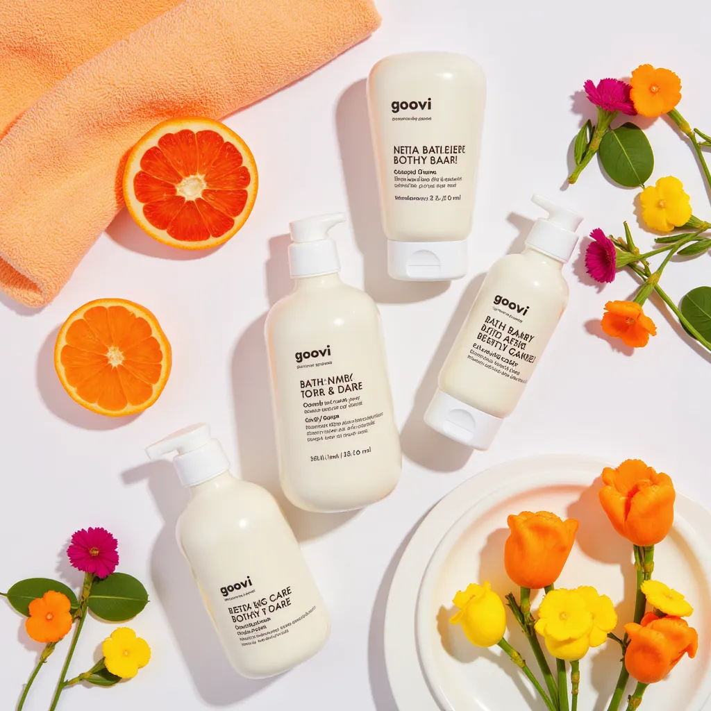GOOVI bath and body care products in a flat-lay arrangement, complemented by citrus fruits, colorful flowers, and a soft towel, exuding freshness and vibrancy.
