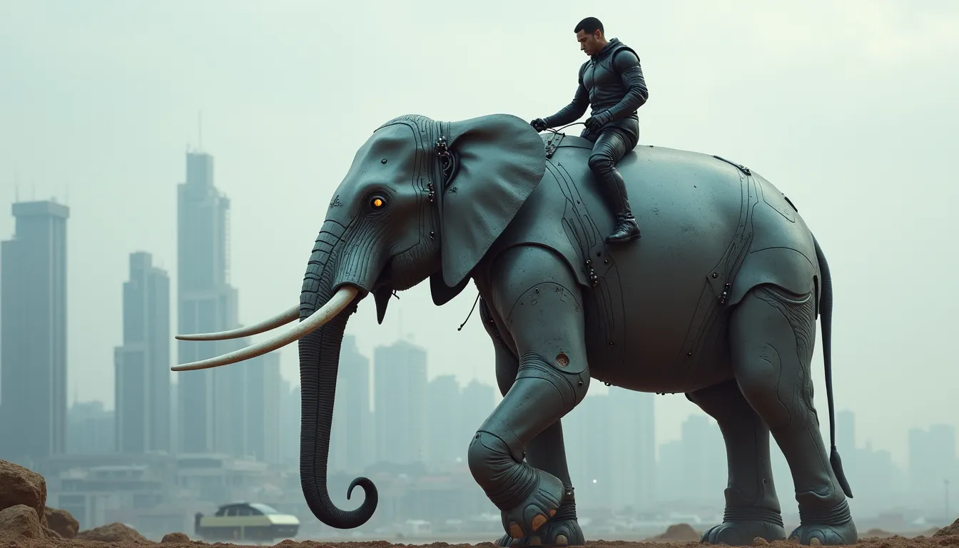 In the distant future, a solitary man, clad in a futuristic suit of armor, is perched upon an enormous, uncannily lifelike robot, modeled exquisitely after an elephant. This is not your ordinary elephant, but a robotic marvel, its realistic hide shrouded in a metallic sheen, while its articulate limbs resonate with quiet power. Its eyes, piercing and illuminated, blink in a gentle rhythm with an unmistakable electric glow. The man, with a confident grip on the hulking contraption's reins, manoeuvres deftly, his stance firm and unyielding, while the towering robotic creature beneath him responds with surprising grace. Their synergy is a testament to the unbreakable camaraderie between man and machine, each moving in rhythm with the other against the backdrop of a sprawling, futuristic cityscape.