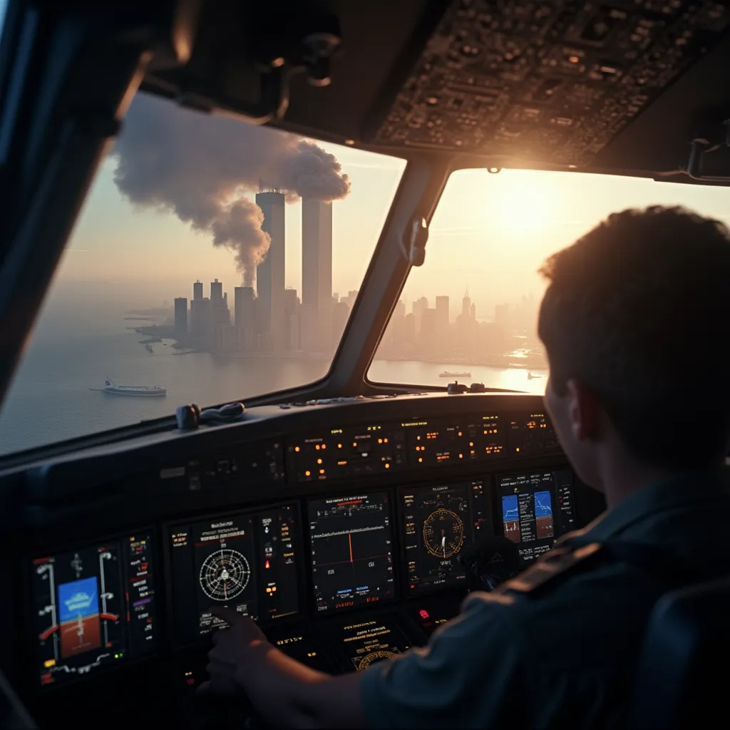 I am in pursuit of an extraordinarily gripping and intricately designed visualization, firmly anchoring itself within an airplane, more specifically reflecting the bone-chilling viewpoint of a passenger tragically embroiled in a hijacking scenario eerily mirroring the immense tragedy of September 11, 2001. The scene is set within the taut and dread-infused confines of an airplane cockpit with me midst a frenzied, life-or-death struggle against the remorseless hijackers.

As the volatile predicament escalates in its terrifying intensity, the airplane ominously inches closer to the emblematic Twin Towers. Once a soaring embodiment of New York City's, and indeed the world's, economic prowess and indomitable spirit, they now stand unwittingly in the face of impending disaster. The visualization should tantamount to a hair-raising spectacle of these architectural wonders as they are glimpsed through the fortified and smudge-free cockpit glass. The towers project an image that is a paradox; they appear eerily calm yet provokingly proximate as the doomed jet propels towards them, its speed chillingly fast and its trajectory horrifyingly precise.

This engrossing and nerve-racking narrative needs to evoke a relentless tsunami of distress and impending cataclysm. It should vividly articulate the heroic struggle unfolding within the claustrophobic metallic theater of the cockpit, yet simultaneously juxtapose this gut-wrenching scenario with a haunting silhouette of the World Trade Center towers - standing majestically, their gleaming surfaces reflecting the early morning sun, obnoxiously oblivious to the catastrophic drama about to descend upon them.

Imagine with startling detail the petrified expressions on the faces of those within the Twin Towers, their tranquil lives inching dangerously close to irreversible change. This should be starkly contrasted with the unimaginable turmoil brewing within the airplane's cockpit. Sketch a gruesome tableau of destruction, where the lifeless bodies of the pilots lie haphazardly strewn about, the hijackers, brandishing their deadly AK47s, lord over the anarchic scene with malignant dominance. This harrowing depiction should build up inexorably to the menace that is a looming, inevitable and devastating collision.