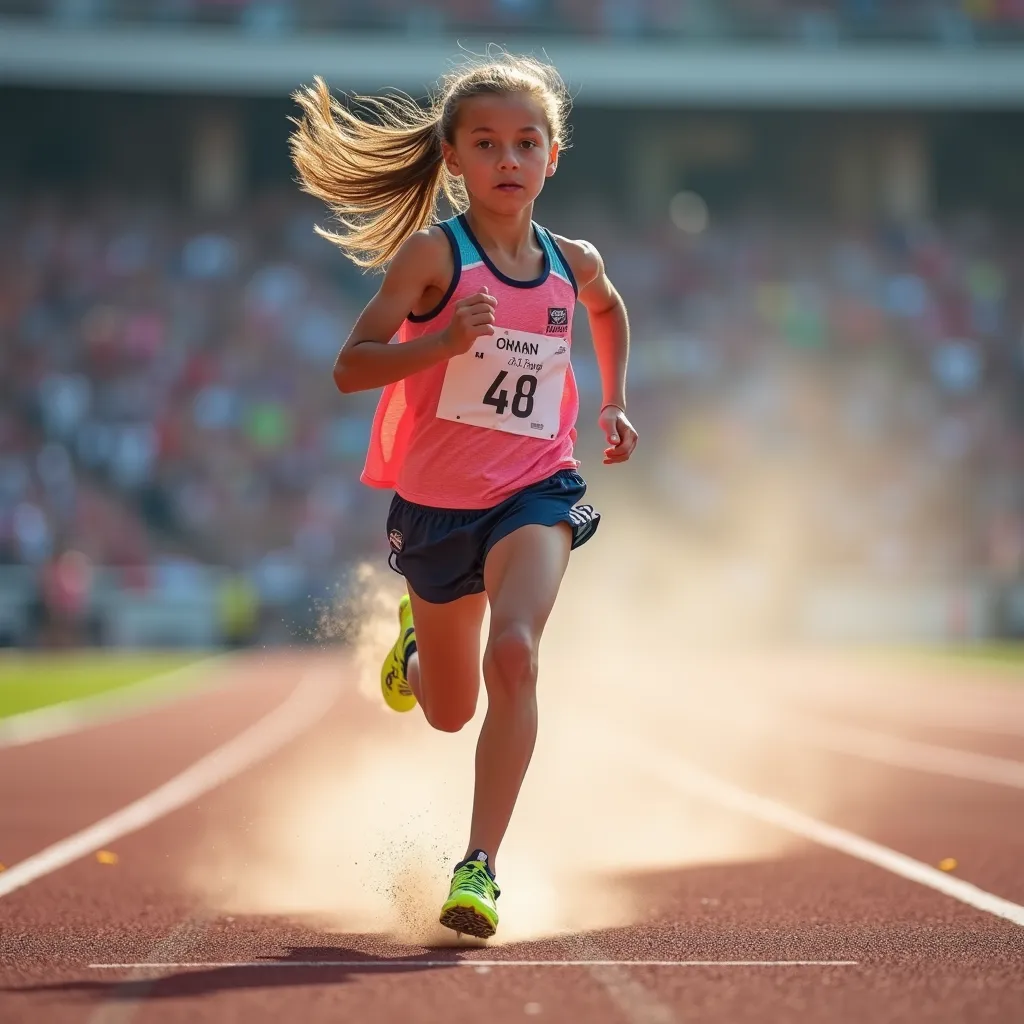 A young girl energetically running on a well-trodden athletic track, her ponytail swaying rhythmically with each stride she takes. The roar of the crowd around the arena fades into a subtle hum as she focuses on the finish line just meters away. Dressed in a vibrant running attire, and her feet clad in neon running shoes, she kicks up a flurry of dust as she pushes forward on the gravel track, her determined face reflecting the intense passion she holds for the sport.