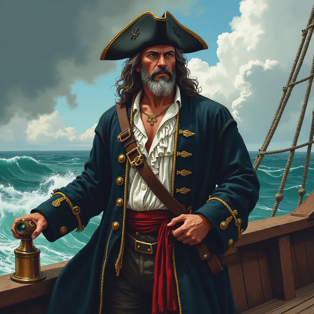 Imagine a scene with an exceptionally confident pirate captain, standing tall on the well-worn and weathered deck of an old, timber vessel. We're viewing him from the waist up, capturing his imposing stature and unyielding stance that stands as a testament to his years upon the topsy-turvy sea. Clad in ruffled white shirt, tight-fitting breeches, and a traditional tricorn hat, a symbol of command, sitting skew upon his head, the captain embodies an intimidating yet charismatic presence.

One hand is gripping a well-crafted spyglass, an instrument of navigation and foresight, the surface reflecting the stray sunlight. Weather-beaten, his face bears years of seafaring, underlined by a rugged beard, a mingling of salt and pepper giving him an air of wisdom. A long, dark, and majestic overcoat drapes over him, the intricate details of its gold trim and intricately embroidered buttons vividly apparent, fluttering ever so slightly under the weight of the salty sea breeze rustling through it.

In contrast, the background paints a picture of tempestuous weather. The azure of the mighty ocean waves, interspersed with foamy whitecaps, enhance the raw atmosphere of a brewing storm on the horizon, hinting at the potential perils and adventures that lie ahead. Dramatic lighting arranged with calculated precision catches the captain's steeled gaze, emphasizing his unflinching resolve and determination, embodying undeniable courage.

All these elements coalesce to form a distinct flux style artwork, creating a masterpiece that captures the spirit of the time and truly encapsulates the essence of this charismatic pirate captain. in the style of TOK a trtcrd tarot style