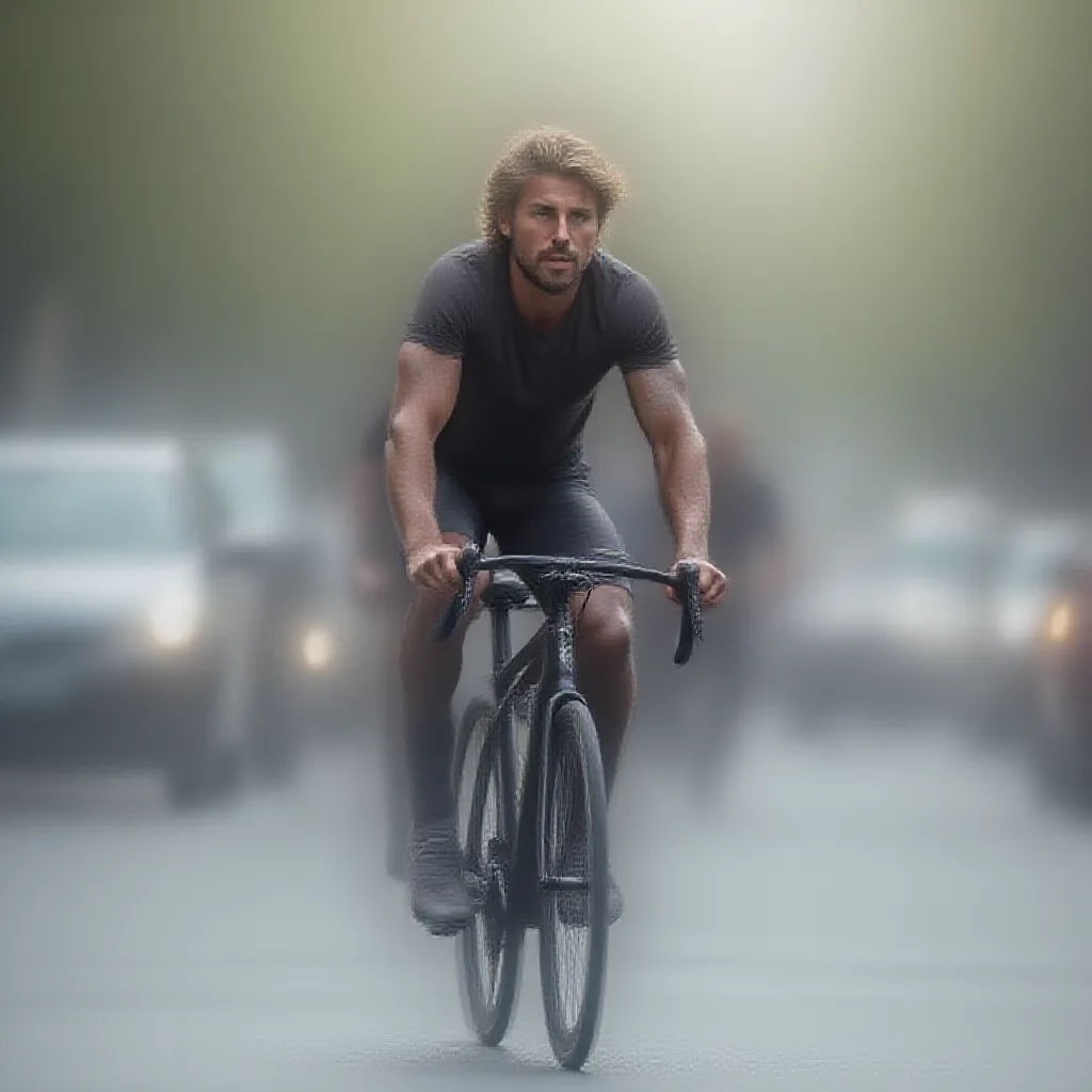 An adult man energetically pedaling a sleek, modern bicycle down a bustling city street, his focused gaze fixed on the road ahead. The soft breeze ruffles his hair as he maneuvers between the cars, displaying a level of skill that comes only from regular practice, his muscles straining with the exertion. Even amidst the urban chaos, there are hints of freedom in his movement - a testament to his love for bike-riding.