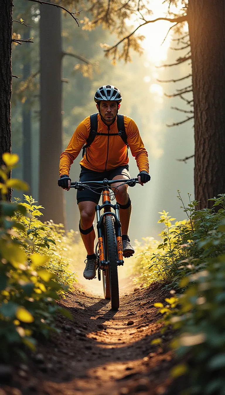 A middle-aged man dressed in a bright cycling suit is riding a mountain bike through a densely wooded trail. The striking sunlight filtering through the towering trees casting long, streaky shadows over him. He is wearing protective gear - a sturdy helmet, knee and elbow pads, and a pair of gloves. Through the winding path, he maneuvers skillfully, his intense focus mirrored in his determined eyes. The fantastically cool wind blusters against his face, making his cycling experience adventurous and exhilarating. His muscular legs pedal rhythmically, each revolution synonymous with the racing pace of his heart. in the style of TOK a trtcrd tarot style