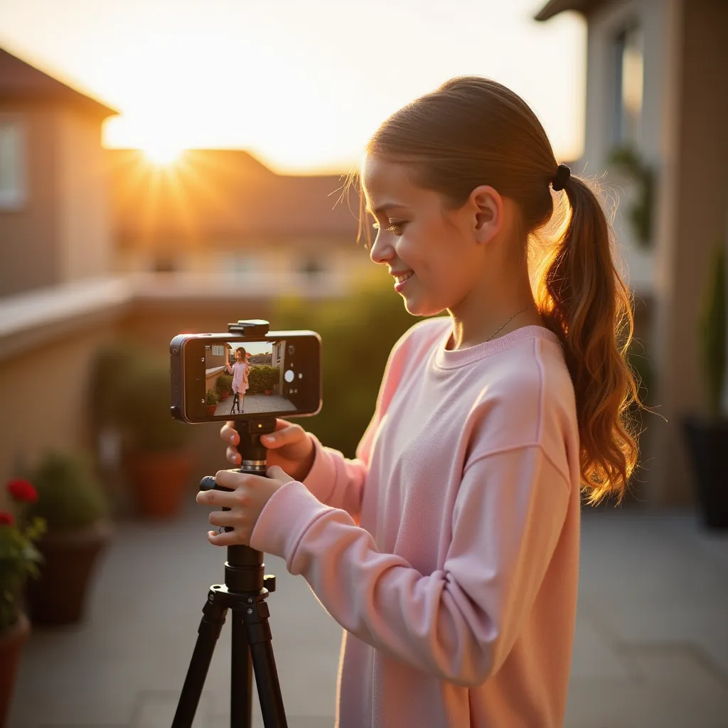 A young, vibrant girl is on a mission to create an engaging Instagram reel on the sunlit terrace of her suburban home. She is enthusiastically planning to capture compelling content that accurately presents her creativity and spontaneity to her followers on the popular social media platform. With the sun casting natural, warm rays over the backdrop, she sets her phone on a tripod, ready to record her choreographed dance routine that she impeccably crafted to sync with the trending beats. Her lively spirit is buzzing with excitement as she endeavors to produce a captivating Instagram reel that entertains and resonates with her digital audience. in the style of TOK a trtcrd tarot style