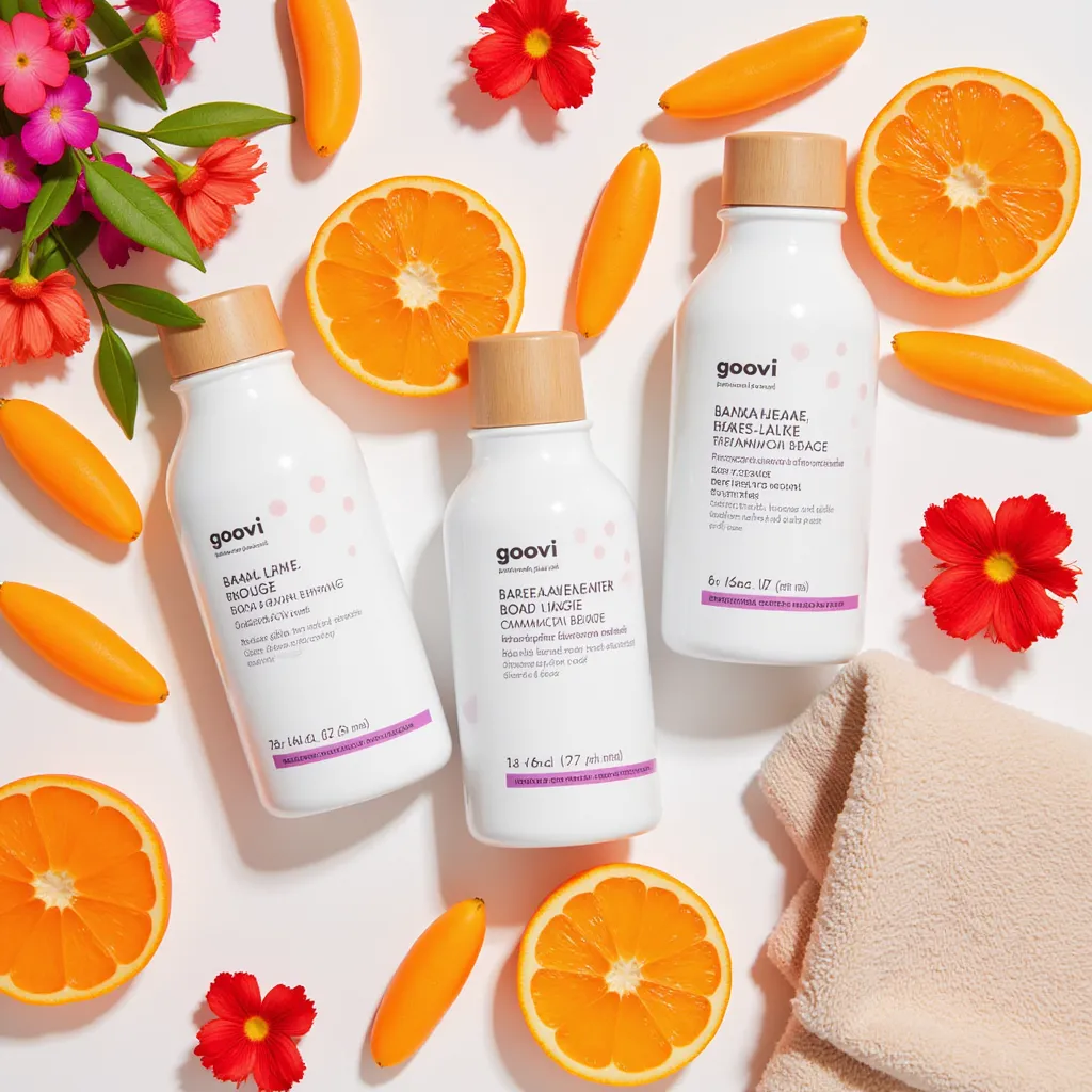 GOOVI bath and body care products in a flat-lay arrangement, complemented by citrus fruits, colorful flowers, and a soft towel, exuding freshness and vibrancy.
