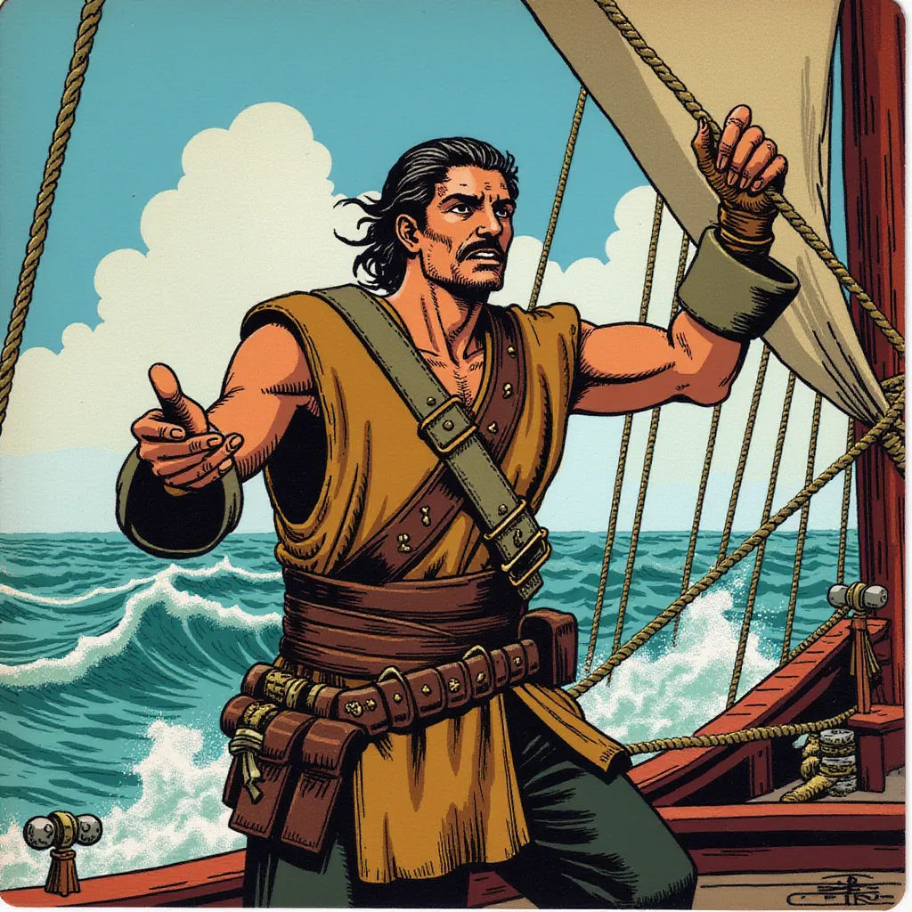 In the midst of a turbulent, open sea, a dedicated and tirely pirate boatswain commands the attention of his crew members as they engage in a urgent repair of the ship's towering mast. This strong, influential figure stands boldly, one hand firmly gripping a weathered rope, while his other hand moves swiftly, gesturing and directing the operations with unspoken authority. He is clad in a worn, sleeveless shirt battered by the salty sea mist and harsh weather conditions, its fabric sticking to his muscular frame. 

The thick, leather, tool belt around his waist holds an array of nautical equipment, betraying the hard labor that comes with his role. In preparation for the rough work, his hands are guarded by sturdy gloves, battered and worn from countless similar endeavors. His battle-hardened face, etched with faint, linear scars accumulated over years at sea, is an embodiment of unwavering determination and single-minded leadership. 

The background is a symphony of nautical elements, a tangle of numerous ropes and antique pulleys, silently bearing testament to many a sea-bound repair. Beyond this is the vast azure sea, its surface dotted with the white caps of raging waves beneath the azure sky. The envisaged image is waist-up, focusing on the central figure and giving vibrant life to his dedication, leadership, and the relentless pursuit of his mission. in the style of TOK a trtcrd tarot style