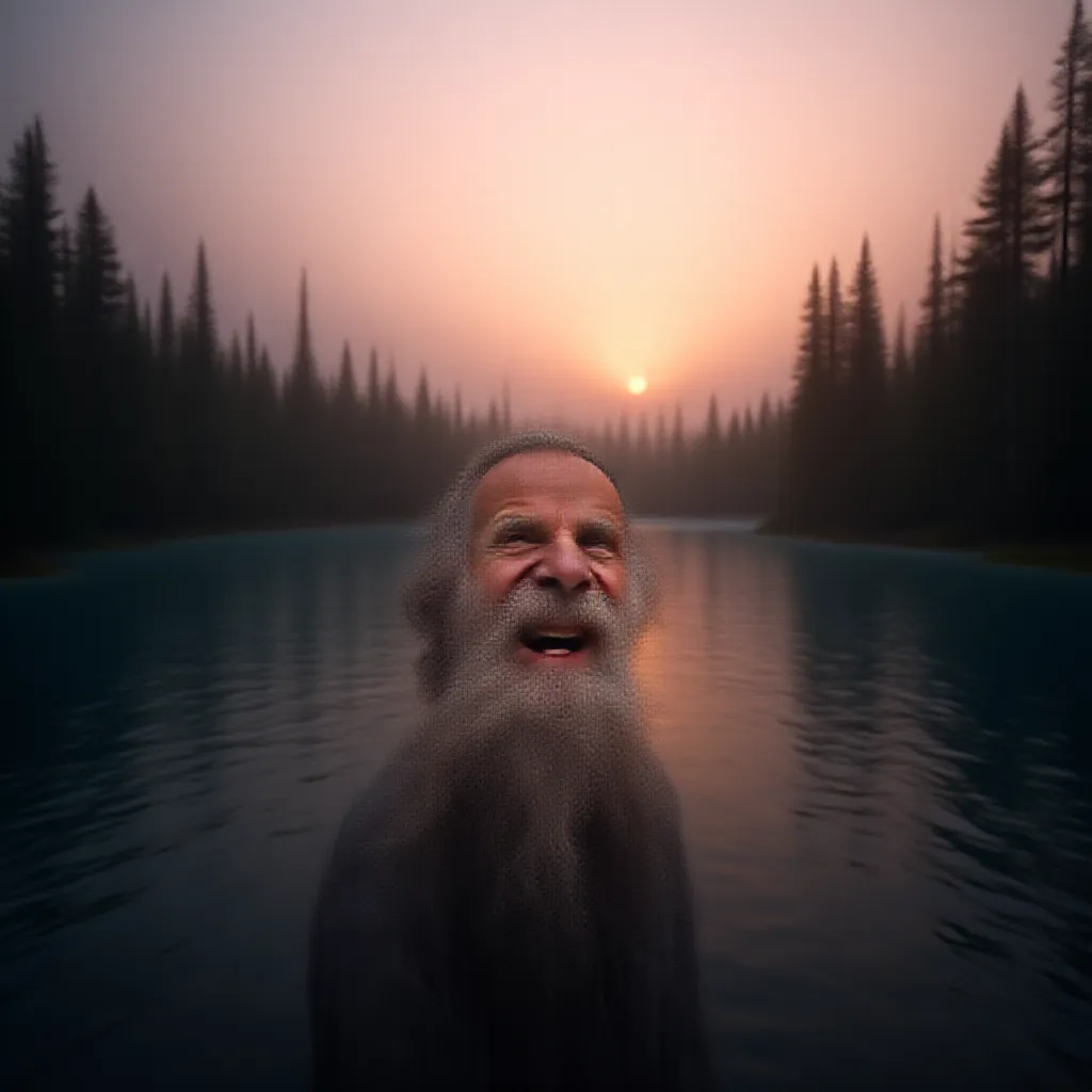 A middle-aged man with a grizzled beard and weathered skin, joyously soaking in the spectacular panorama of unspoiled nature. He is standing at the edge of a glistening lake, framed by thick rows of towering pine trees that seem to stretch into eternity. The vibrant hues of the setting sun paint the sky in shades of brilliant orange and stunning pink, reflecting in the crystal clear waters below. His heart fills with immense satisfaction and tranquility as he relishes the serene symphony of gentle waves, the whispering wind, and the soft rustling of leaves. The man appreciates the blissfully isolated moment, completely separated from the hustling modern world, only surrounded by the pure, undisturbed beauty of the natural world.