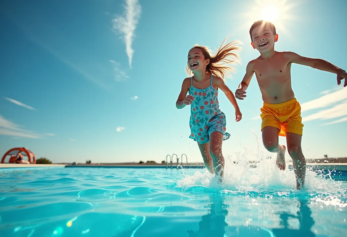 In the radiant brilliance of a sun-drenched day, a spirited young girl and an adventurous boy find themselves at the edge of a glistening swimming pool, laughter echoing around them. The pool's azure water glimmers as it calmly mirrors the clear sky above, reflecting the streaks of white clouds and the golden highlights of the sun. Footsteps interweave with the rhythmic chorus of splashing water, filling the air with delightful chaos and anticipation. Their enthusiastic faces are lit up with exhilarating excitement, their muscles tensed with the imminent triumph of release. Dressed in vibrant, water-appropriate attire, their bodies glisten with droplets of the previous dips they had in the pool. With the spirit of reckless youth fueling them, the pair are captured, mid-stride, sprints morphing into takeoffs as they prepare to dive headlong into the welcoming cool of the swimming pool.