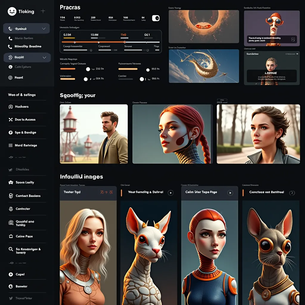 Create a highly detailed graphical illustration that accurately represents an advanced artificial intelligence-driven image generation platform. The visualization should incorporate key elements such as, a user interface detailing various settings and customization options, displaying examples of actual images created by AI. The overall aesthetic should be futuristic, clean, and sleek, presenting a vision of an advanced AI technology solution.