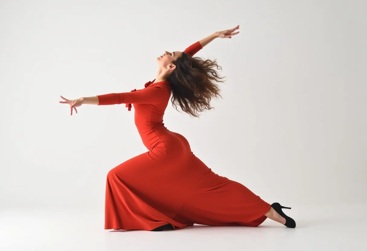 Alter this image by incorporating a vibrant background that accurately depicts a lively performance stage or platform. Not just that, imagine a crowd in attendance complete with their diverse expressions of joy and enthusiasm. You should detail them, with their hands mid-air as they clap and cheer passionately for the central figure, a woman engaged in an enchanting dance performance. Keep the focus on the lady while ensuring that the audience’s vigor enhances her appeal and the overall aesthetic of the composition.