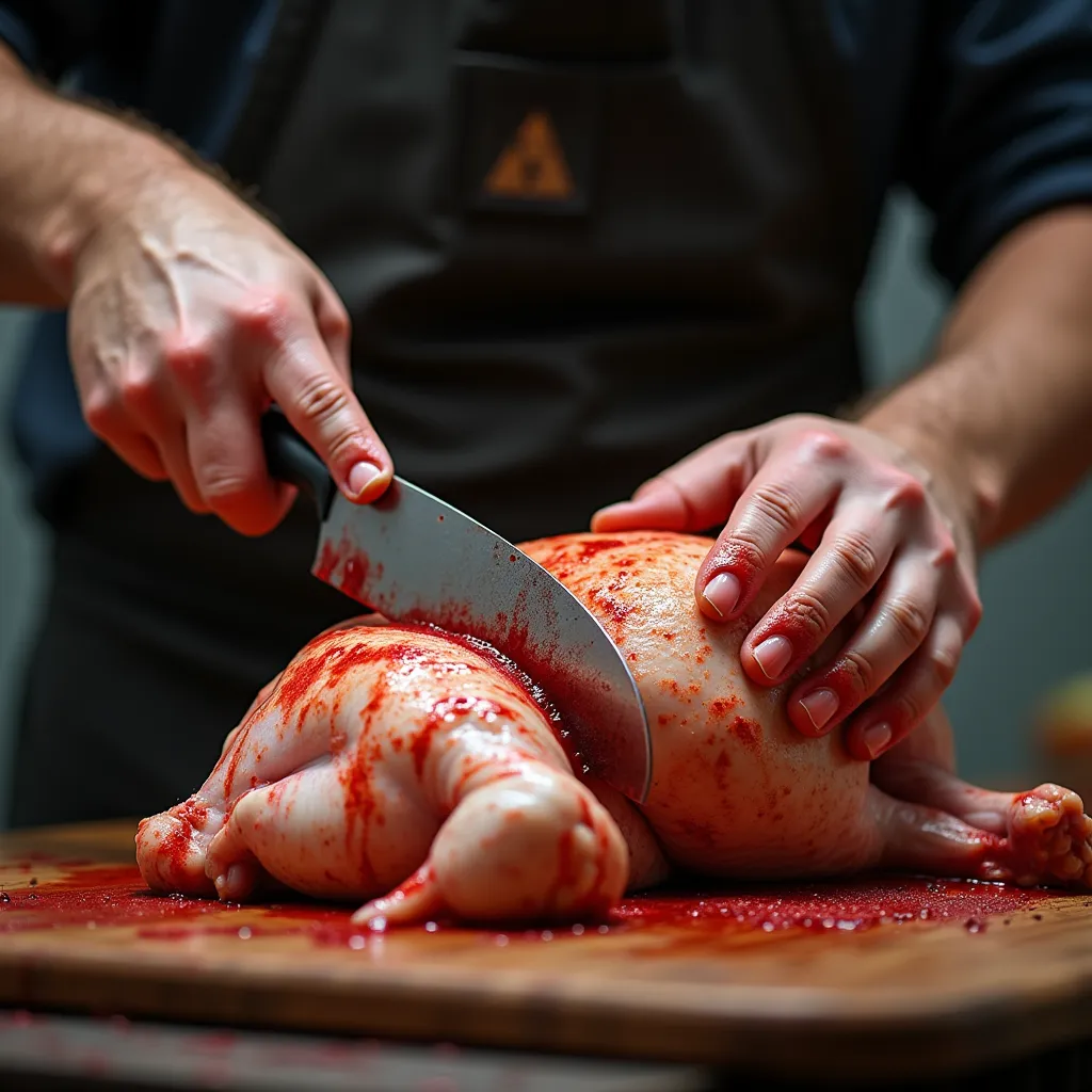 A graphic image is depicting a butcher skillfully slicing into a chicken. The picture is as close to reality as possible, leaving nothing to the imagination. The butcher appears well-versed, his hands holding the chicken securely whilst skillfully maneuvering the sharp cutter. As he slices through the chicken's flesh, you can see droplets of blood dotting the edge of the cutter, hinting at the freshness of the poultry. Alongside this, traces of blood are smeared over the butcher's hardened hands, providing evidence of his work. You can almost hear the bustling noise of the marketplace and feel the intensity of his work. He is completely engrossed in his job, paying no mind to the bloody spectacle he's involved in. His sole focus is on precisely cutting the chicken to yield the choicest cuts for his customers

make it more realistic 