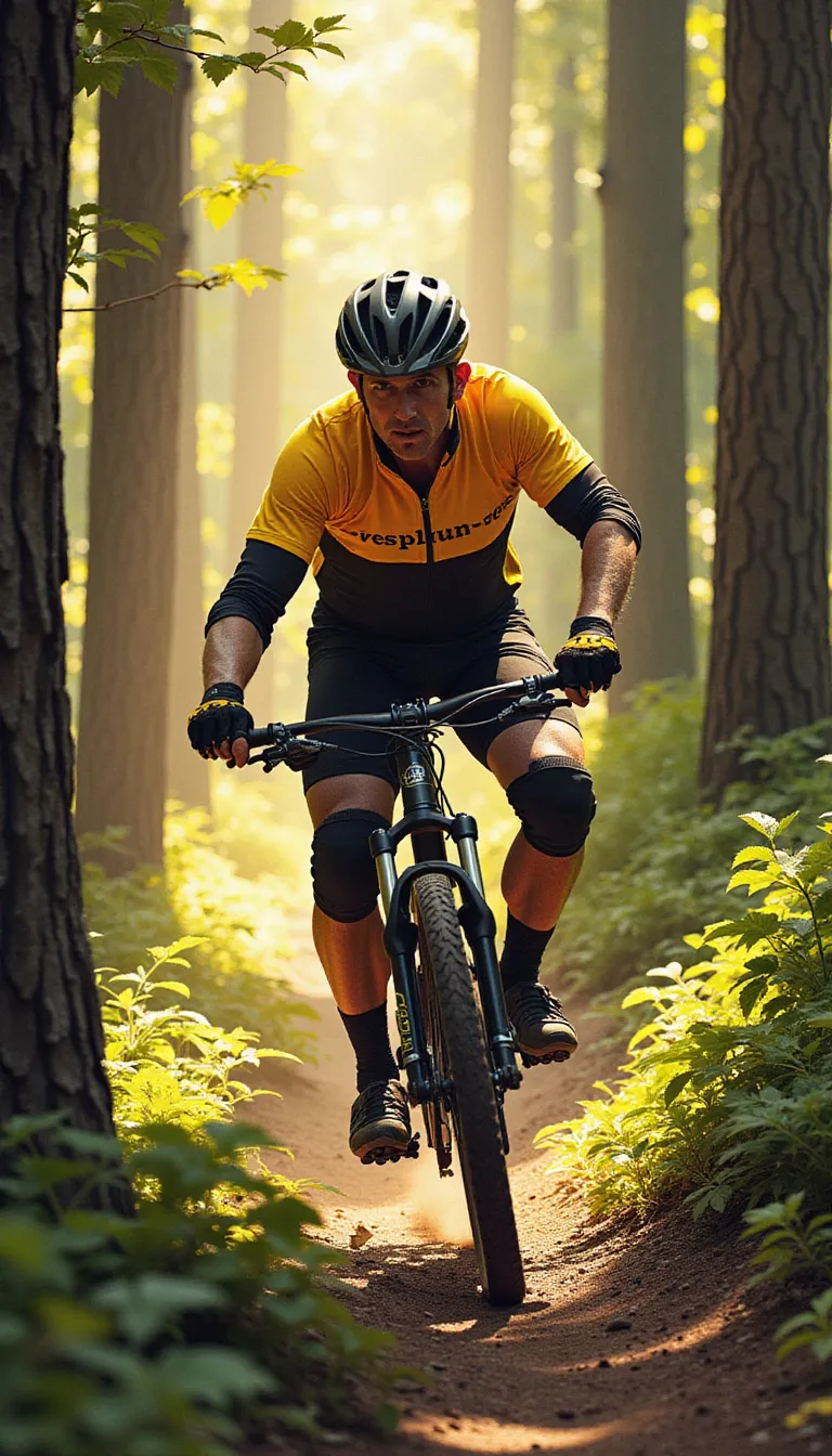 A middle-aged man dressed in a bright cycling suit is riding a mountain bike through a densely wooded trail. The striking sunlight filtering through the towering trees casting long, streaky shadows over him. He is wearing protective gear - a sturdy helmet, knee and elbow pads, and a pair of gloves. Through the winding path, he maneuvers skillfully, his intense focus mirrored in his determined eyes. The fantastically cool wind blusters against his face, making his cycling experience adventurous and exhilarating. His muscular legs pedal rhythmically, each revolution synonymous with the racing pace of his heart. in the style of TOK a trtcrd tarot style