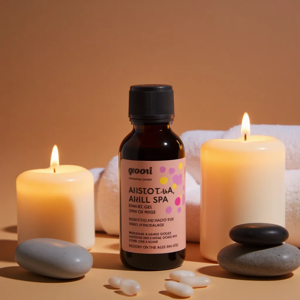 GOOVI essential oil bottle with a serene spa vibe, surrounded by candles, stones, and a towel, promoting relaxation and wellness.