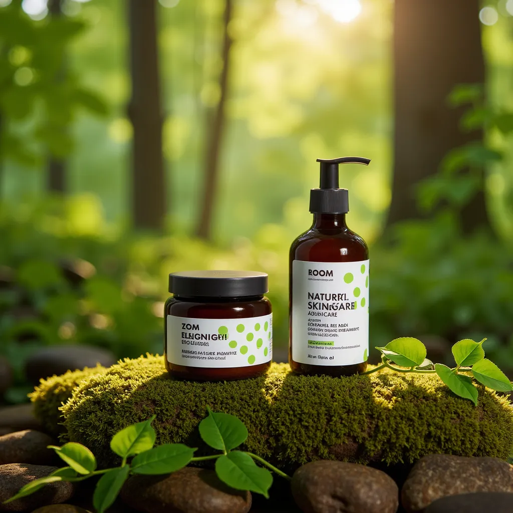 natural skincare products placed on a mossy rock surrounded by fern leaves, sunlight filtering through trees, creating a calm and earthy vibe. in TOK style