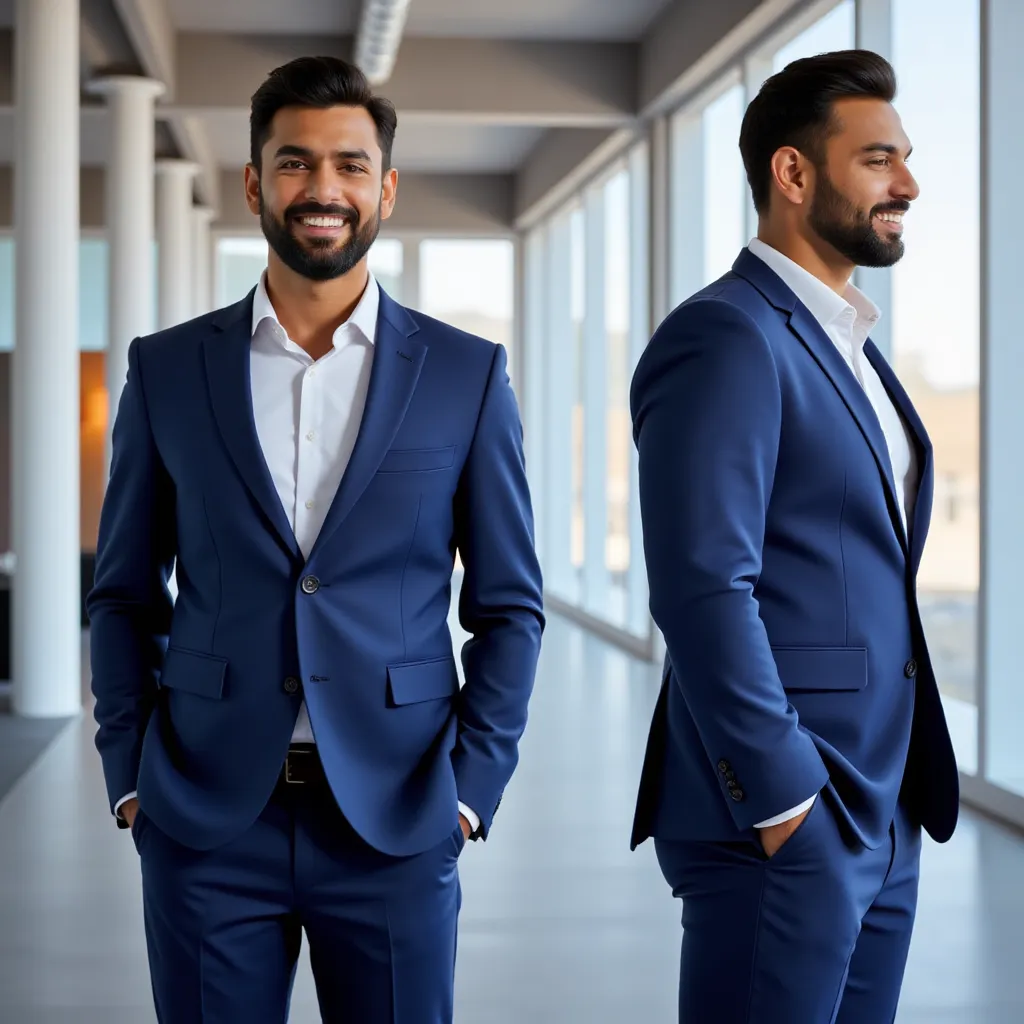A professional Indian man in his 30s, with a well-groomed beard and short black hair, wearing a formal business suit (navy blue blazer, white shirt, no tie), standing confidently in an office environment. He has a warm, approachable expression. Generate 4 images showing different angles: front view, side view, 3/4 view, and back view. Clean background with soft natural lighting.
